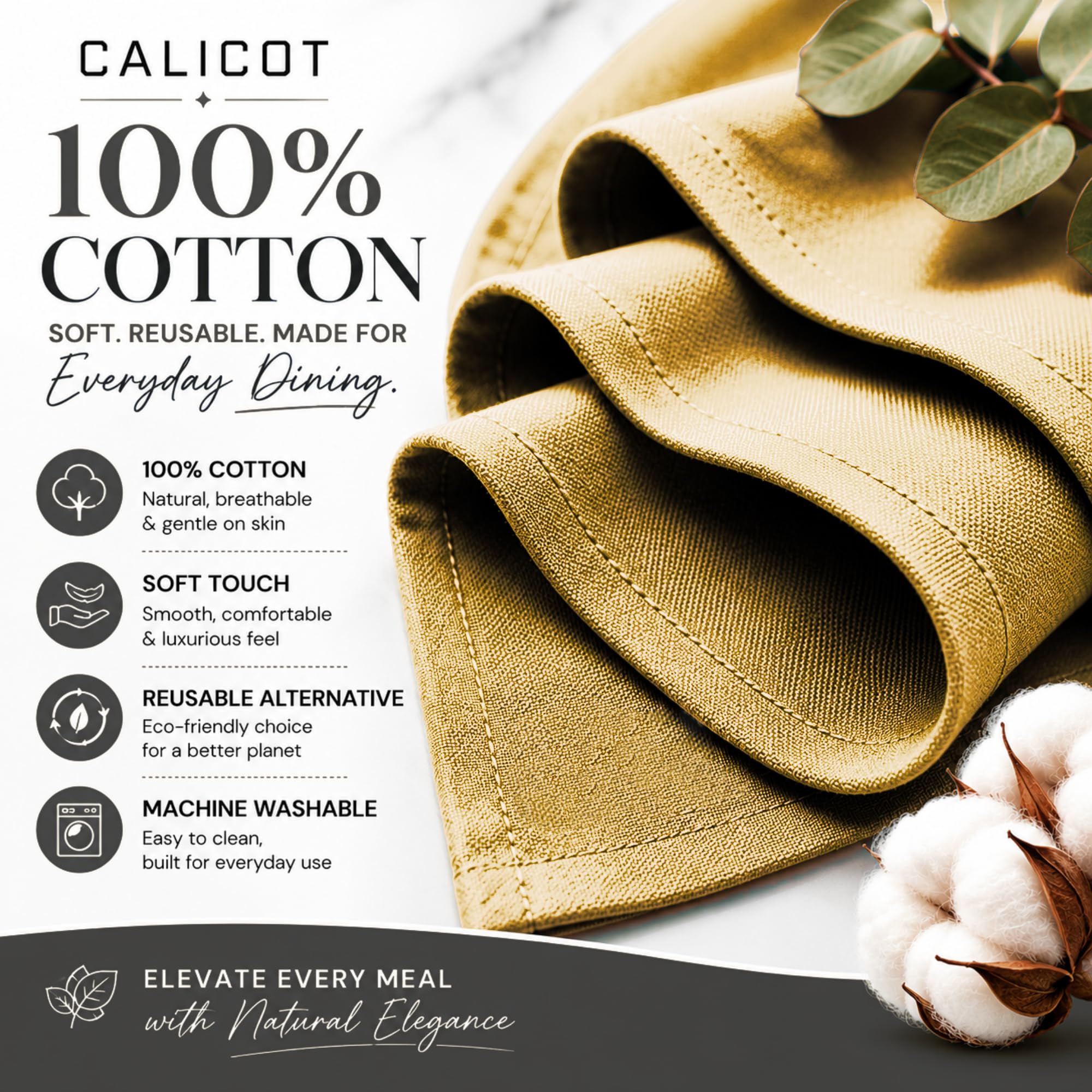 Calicot Servilletas de tela 100% algodón, lavables (45,7 x 45,7 cm, juego de 12)