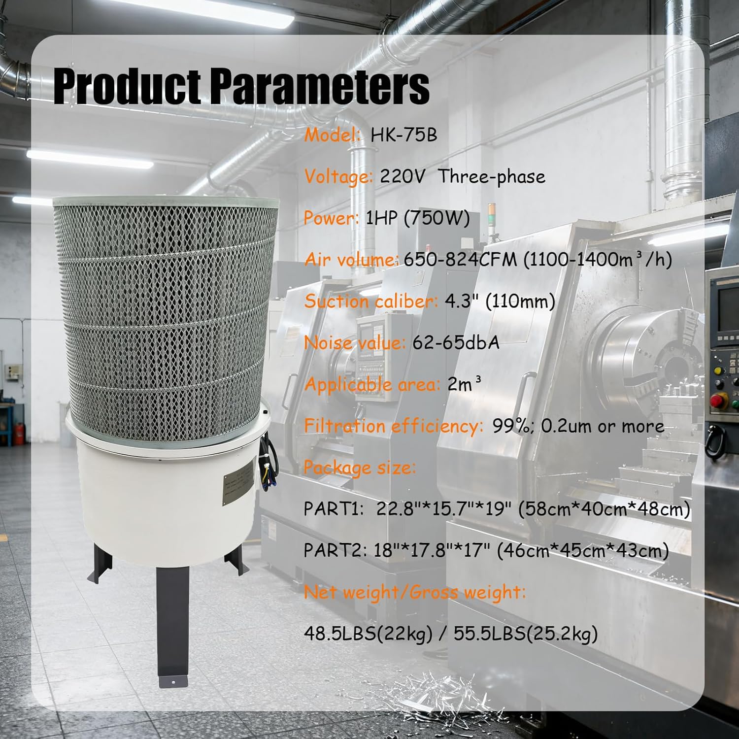 220V 3PH 1HP CNC Machine 99% Filtration Efficiency Tool Processing Center Oil Mist Collector Industrial Soot Purifier 650-824CFM Oil Mist Water Mist
