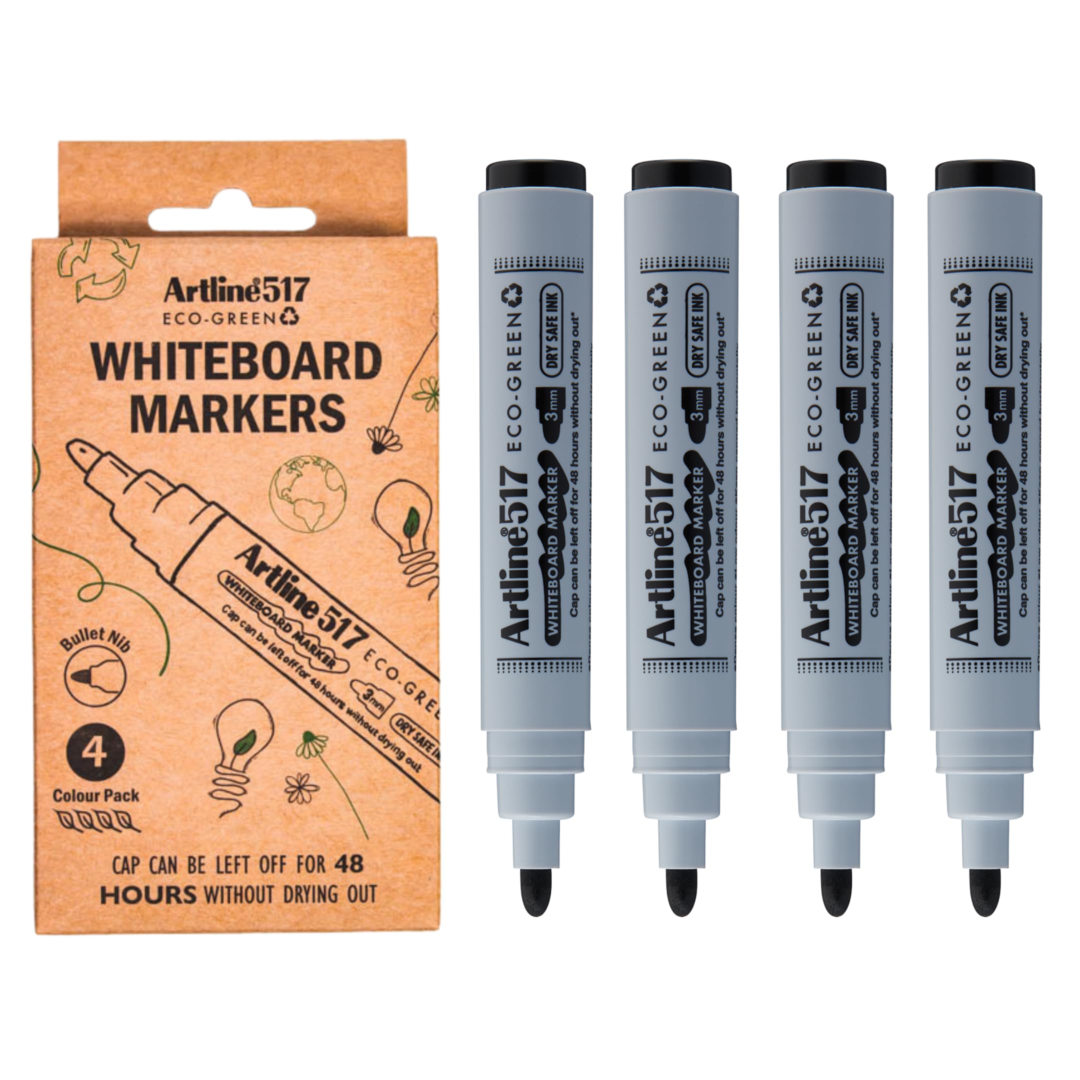 Artline Whiteboard Pens (Pack of 4 - Black) Dry Safe Whiteboard Markers for School or Office, 3mm Nib, 48 Hour Cap-Off Time, Non-Toxic White Board Markers Erasable - Genuine White Board Pens