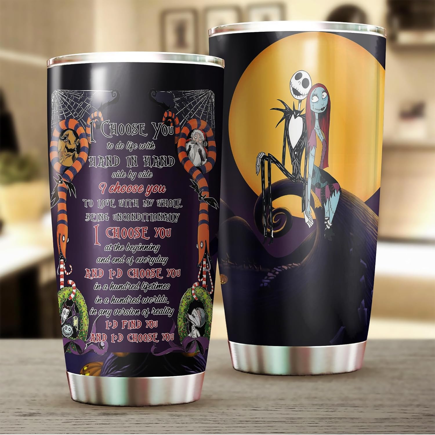 Couple Tumblers, Jack And Sally I Choose You To Do Life With Hand In Hand, Gifts Idea For Nightmare Fans, Stainless Steel Tumbler for Hot & Cold Drinks Tea Cup Iced Coffee Travel Mug