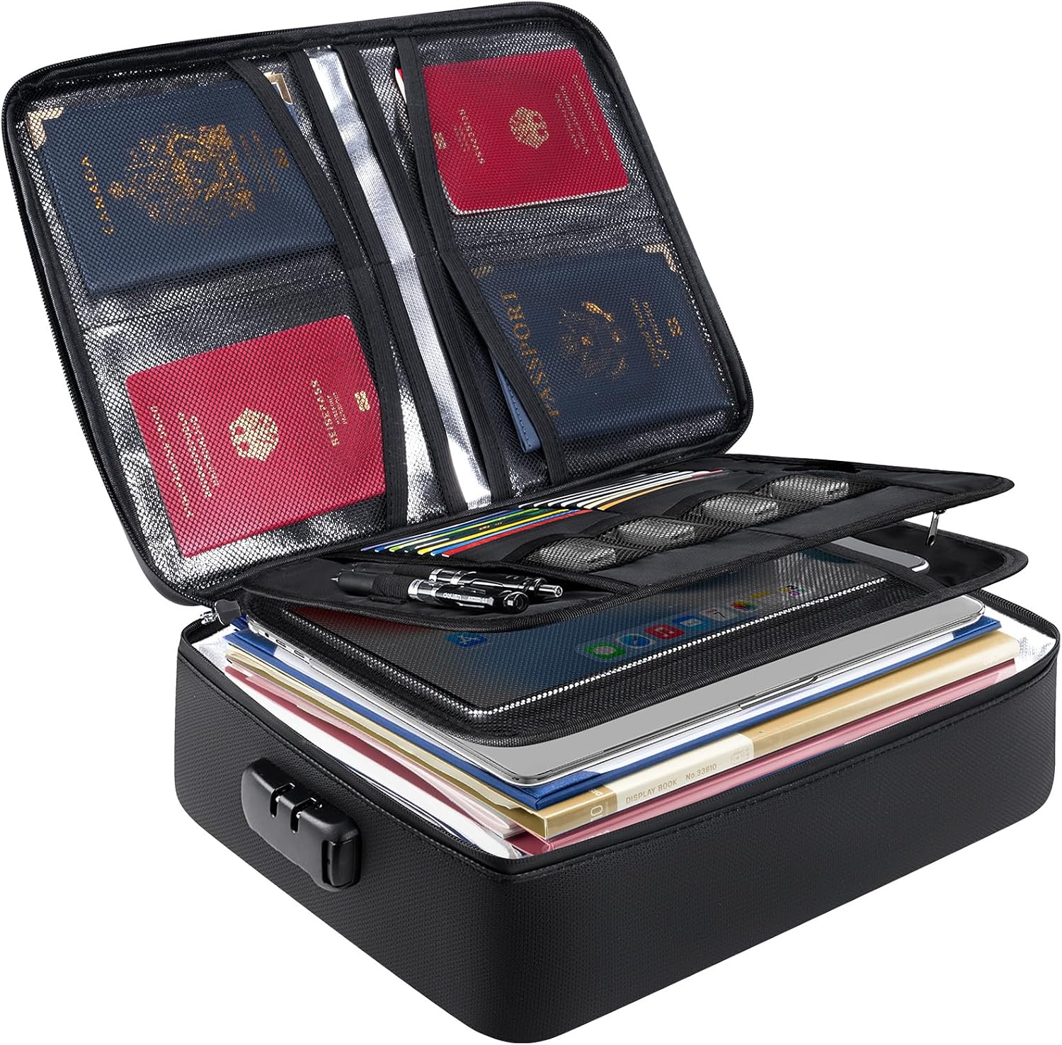 BALEINE Fireproof Document Box with Lock, Portable Fireproof Document Bag Waterproof Fire Proof File Boxes for Documents, File Organizer Box for Important Paperwork (Black, 15”x11”x4”)