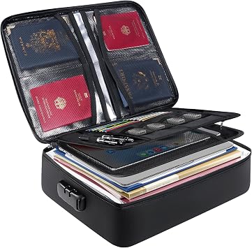 BALEINE Fireproof Document Box with Lock, Portable Fireproof Document Bag Waterproof Fire Proof File Boxes for Documents, File Organizer Box for Important Paperwork Black, 15x11x4