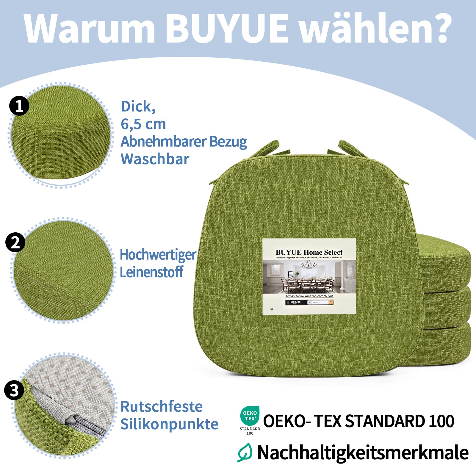 BUYUE Stuhlkissen 6,5 cm dick, U-Form Sitzkissen 40x40 cm mit hochdichtem Schaumstoff, Stoffbezug, rutschfestes Sitzpolster für Küche und Esszimmer (4 Stück, Grasgrün)