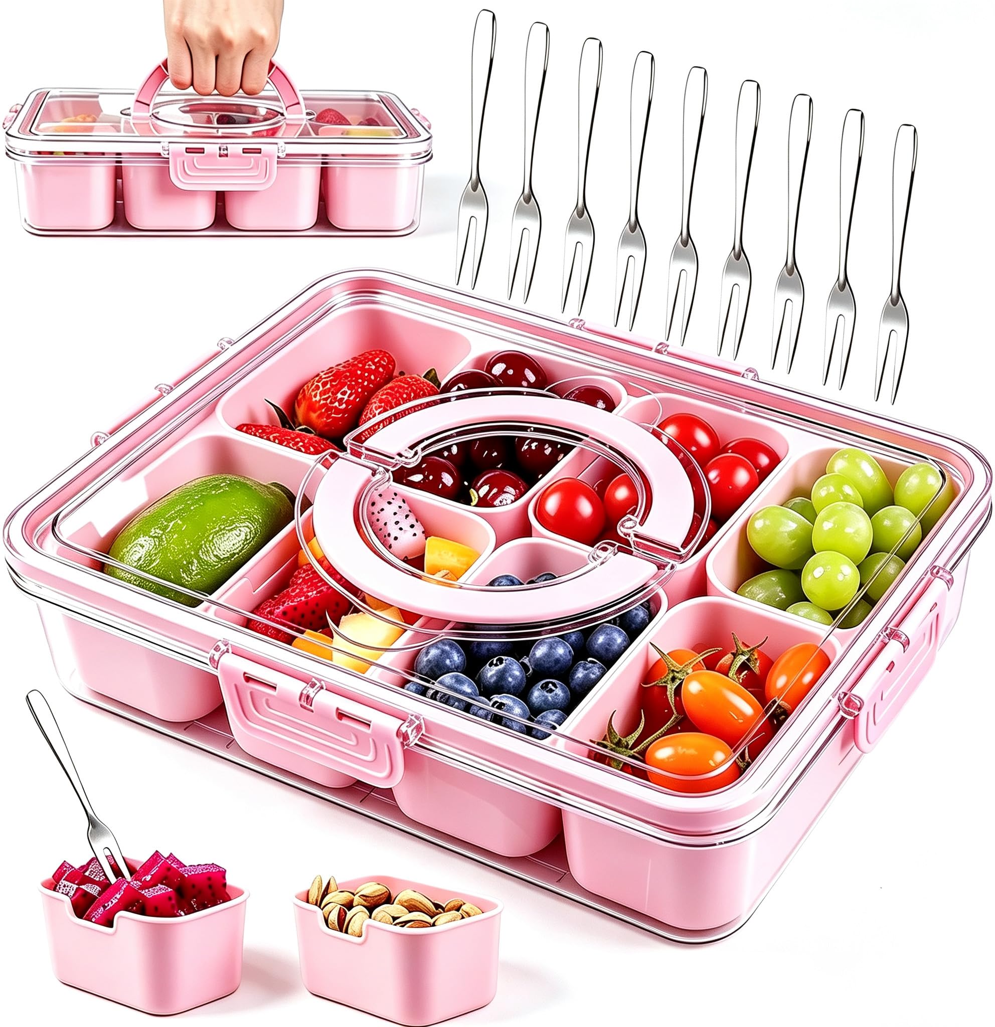 TZEKING Snackschale,Snackbox mit 8 Fächern,Snackteller mit Deckel,Snack Aufbewahrungsbox,Küche Gewürze Box,Tragbar Snackbox Organizer für verschiedene Gewürze und Früchte,Familien und Picknicks