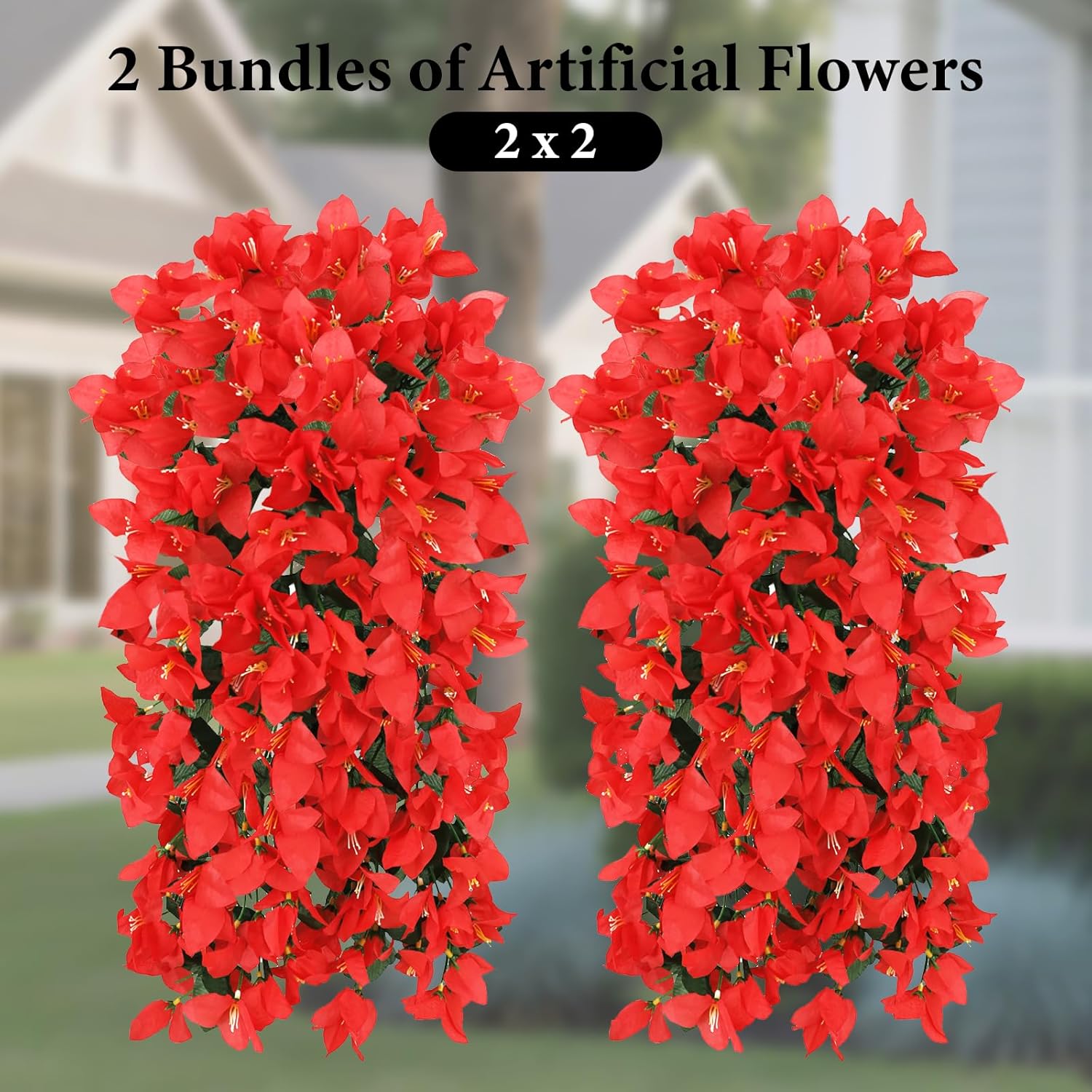4 PCS Bougainvillea Artificial Faux Flowers Plants for Outdoor Outside Decoration,Red Fake Flowers UV Resistant Look Real Silk Long Trailing Vines for Front Door Porch Planter Urn Patio Garden Yard
