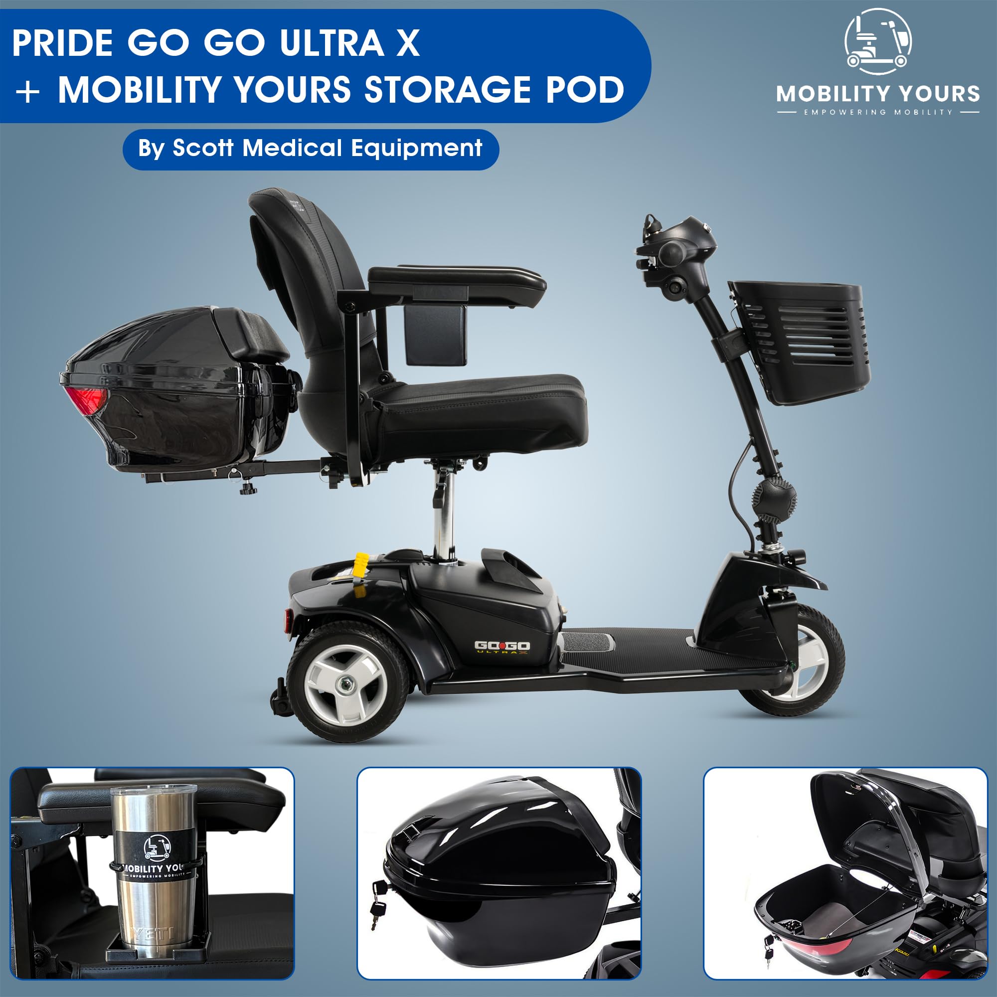 Pride Mobility Go Go Ultra X Scooter Plus Mobility Yours Storage Pod, Pride 3 Wheel Mobility Scooter for Adults, Stable 300 lb Capacity, Upgraded Seat, Portable Electric Mobility Chair, Ext Warranty