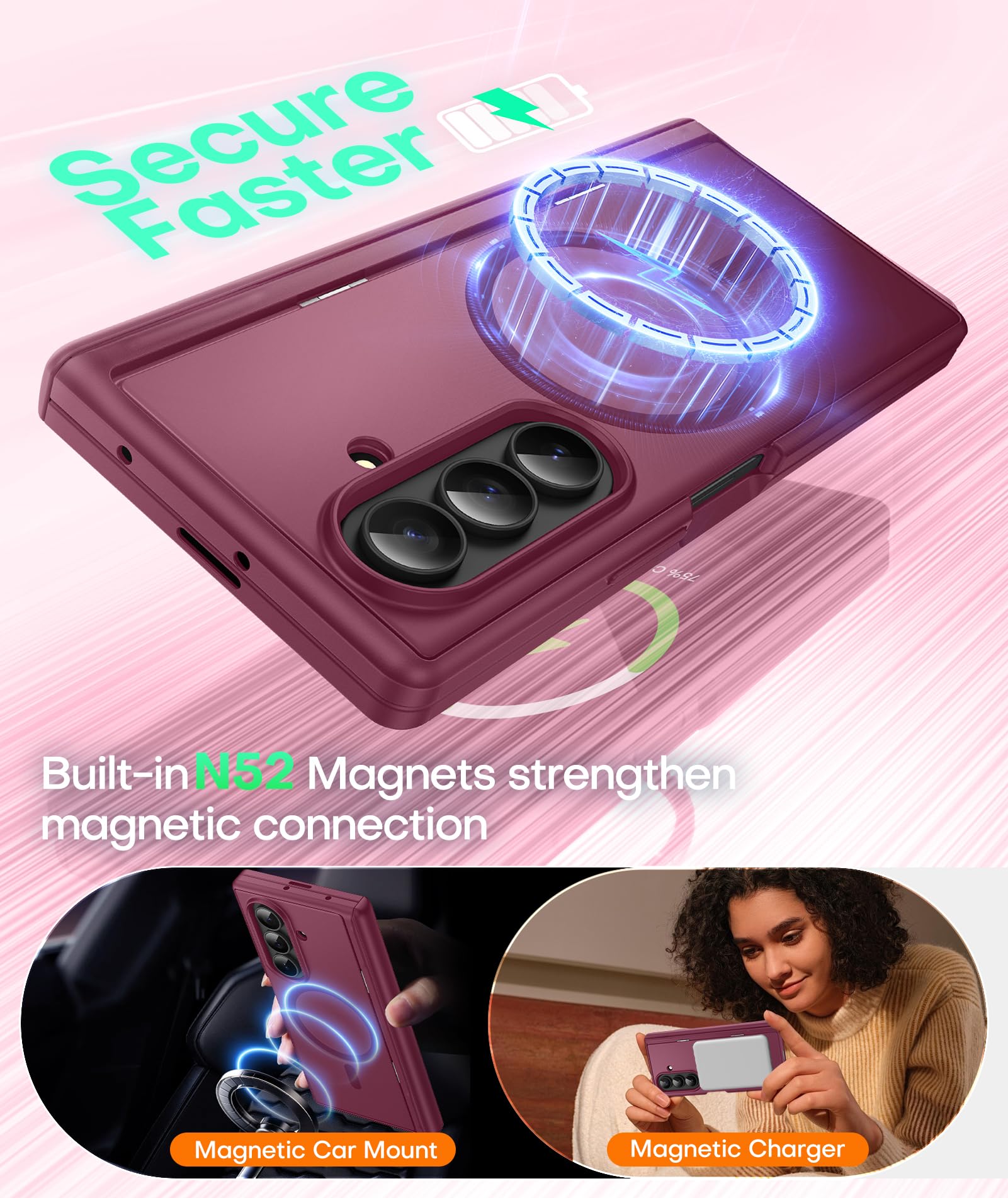 BERFY Hülle für Galaxy Z Fold 7 mit Datenschutz Displayschutz,rot | Kompatibel mit MagSafe, versteckter Ständer, Scharnierschutz in Militärqualität, stoßfest, magnetisch, schlanke Handyhülle