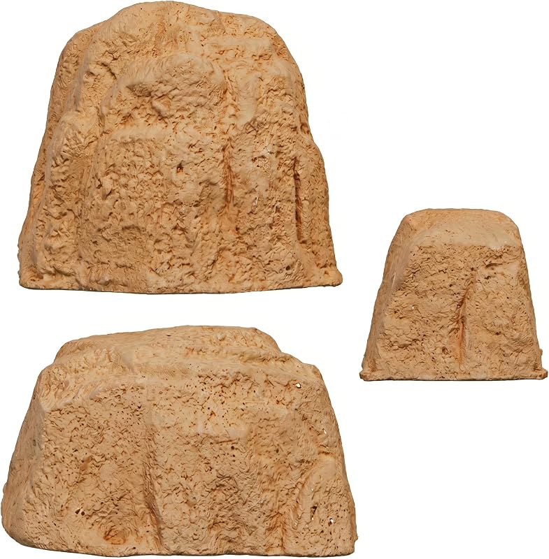 Sunnydaze S/M/L Faux Landscape Rock Covers, 11", 14", 21.5" H, Sand | Variety Pack Lightweight Polyresin Fake Rock Well Pump Covers for Outside, Realistic Natural Texture, Includes Metal Stakes