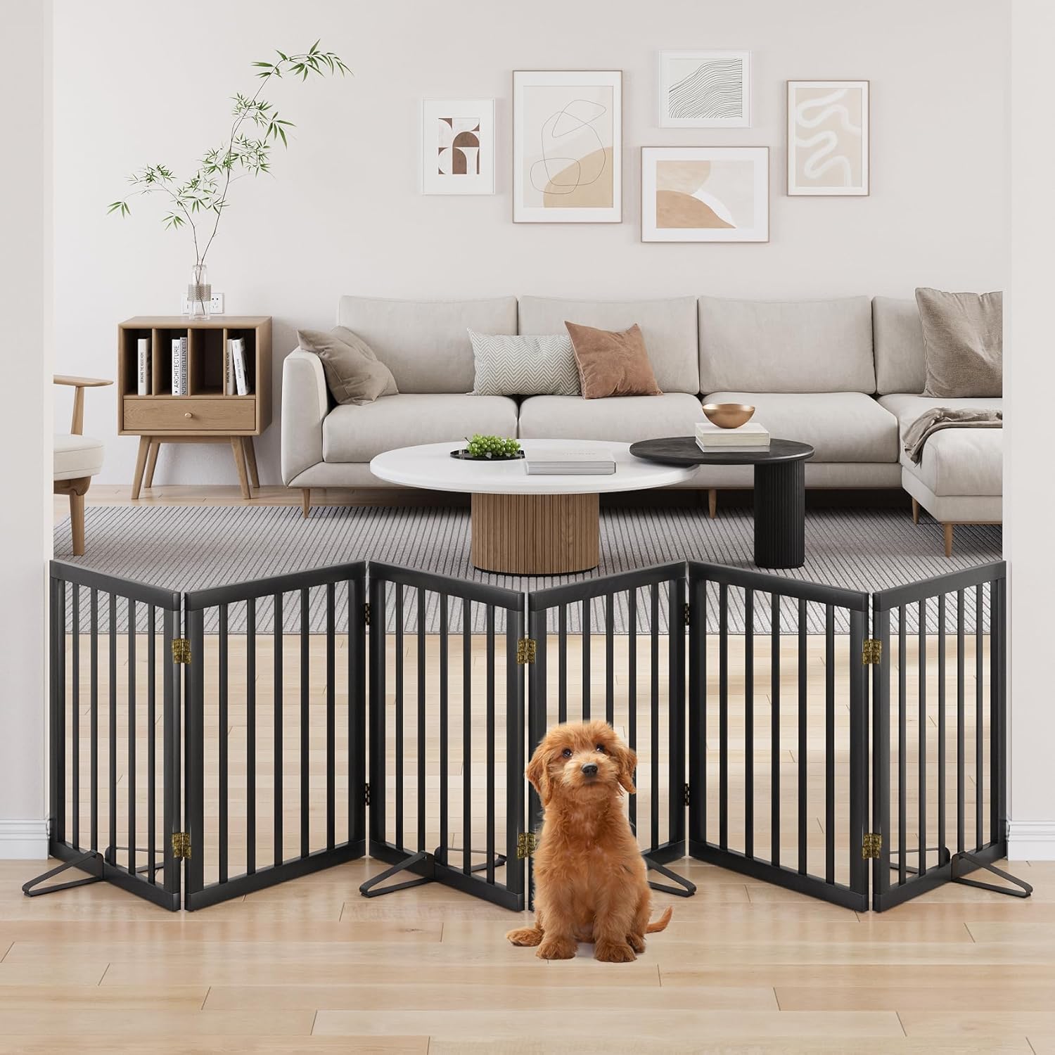 Extra Wide Dog Gate 110 inches Wide, Freestanding Pet Gate for The House Doorway, Pet Puppy Barrier, Support Feet Included, Black,6 Panels Bamboo Dog Gate Black 6 Panel - 110 inches Wide