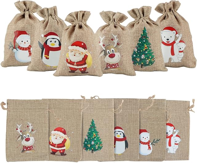 OWill 12 PCS Small Gift Bags, Jute Burlap Drawstring Small Christmas Gift Bags for Christmas Treat Small Gifts