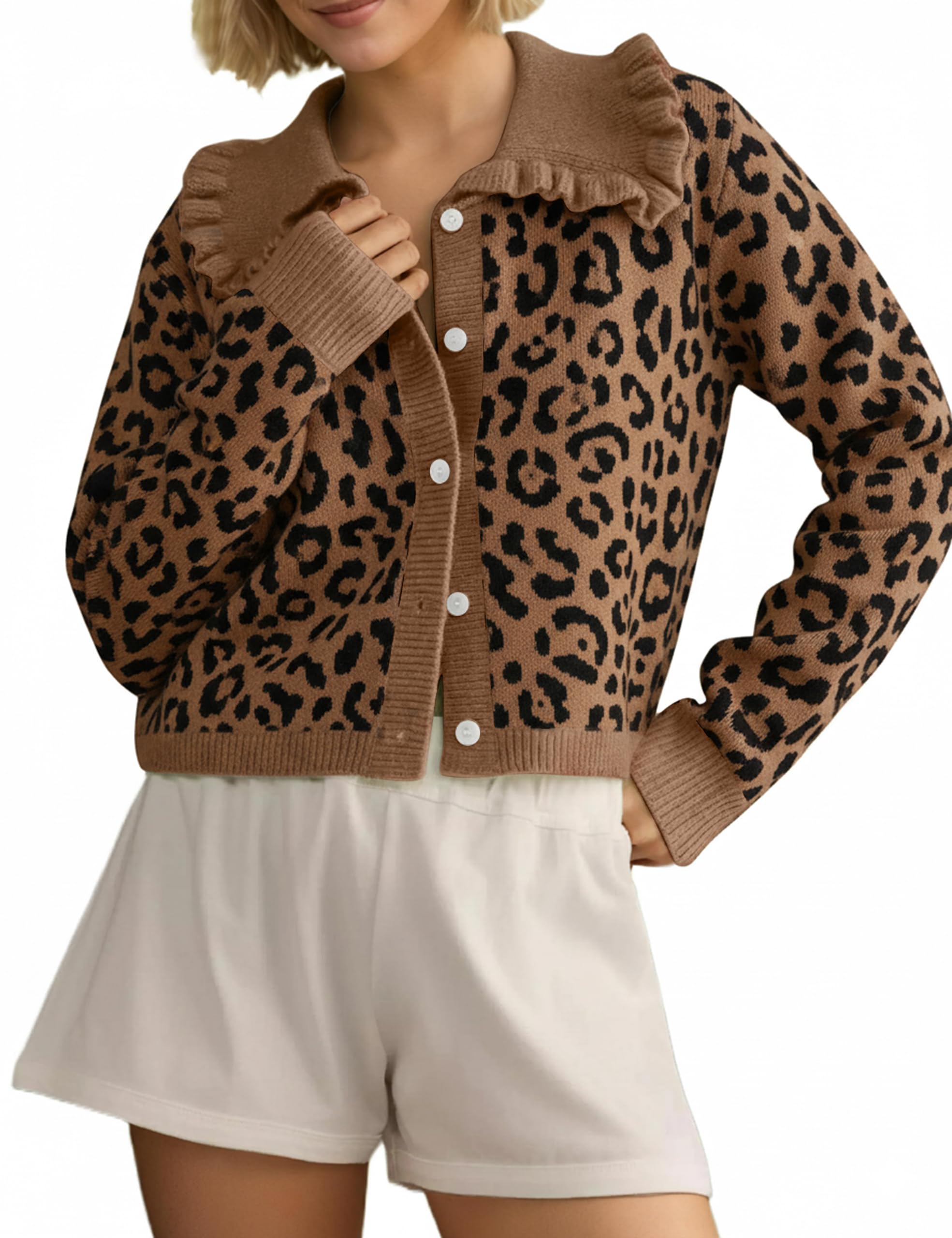 Womens Ruffle Collar Cardigan Sweater Button Up Open Front Fall Knit Jackets Cute Long Sleeve Button Down Cardigans