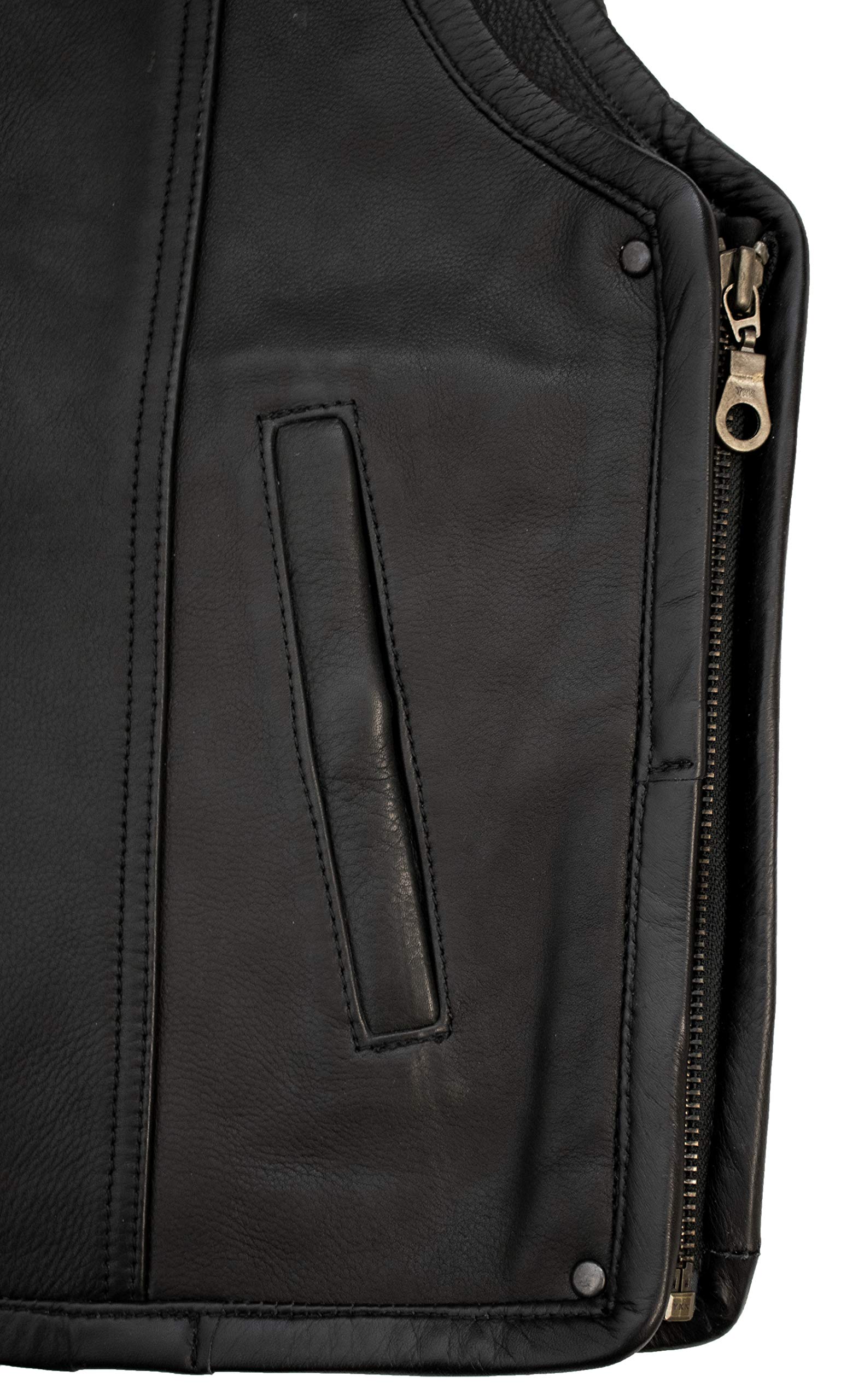 Gilet moto uomo in vero cuoio nappa bovina 1,2 mm – Gilet biker senza colletto con cerniera, tasche interne ed esterne, lati espandibili con zip, Nero