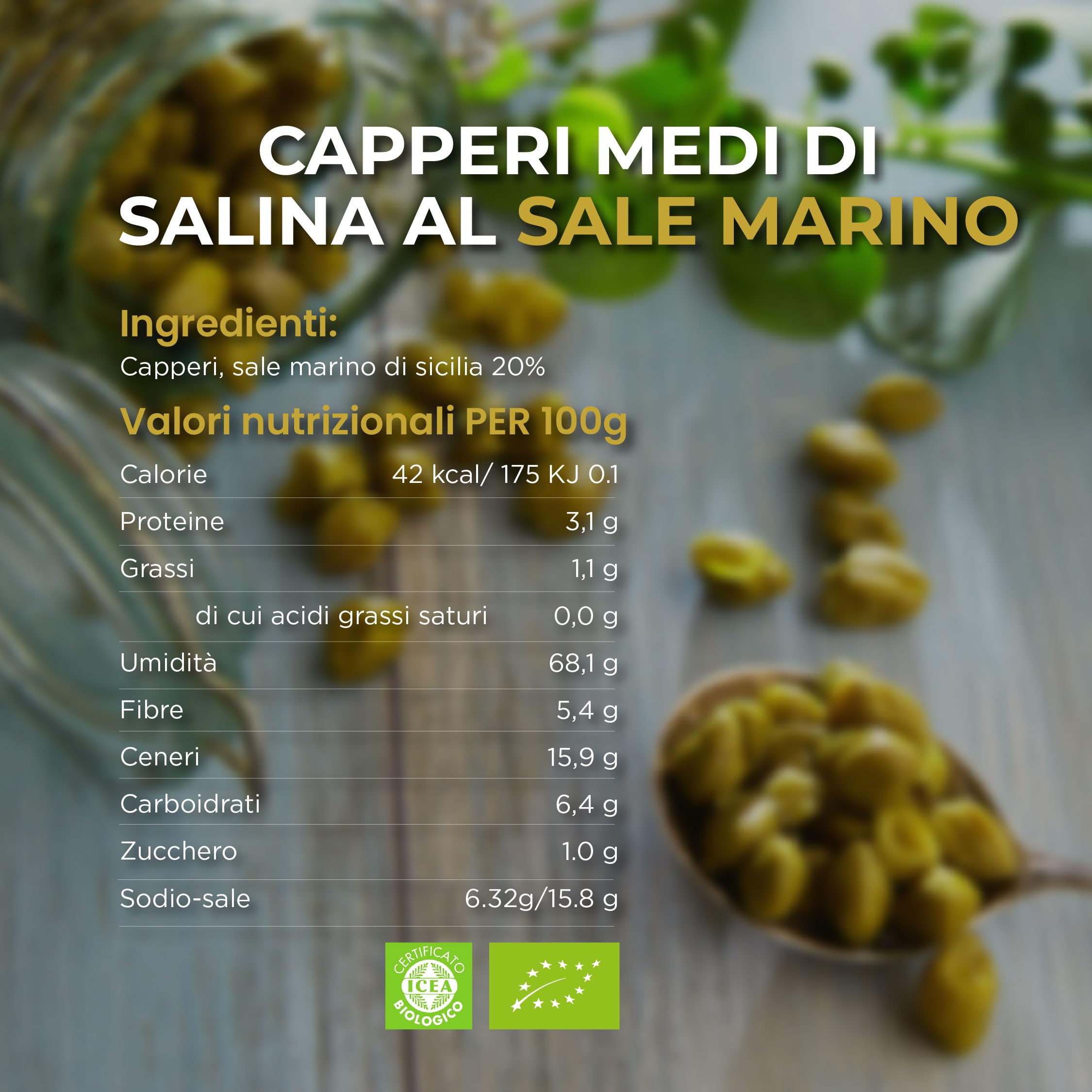 RACILIA Alcaparras Medianas Bajo Sal DOP Islas Eolias - Elaboración Artesanal Siciliana 100% Italianas - Sin Gluten - 1kg
