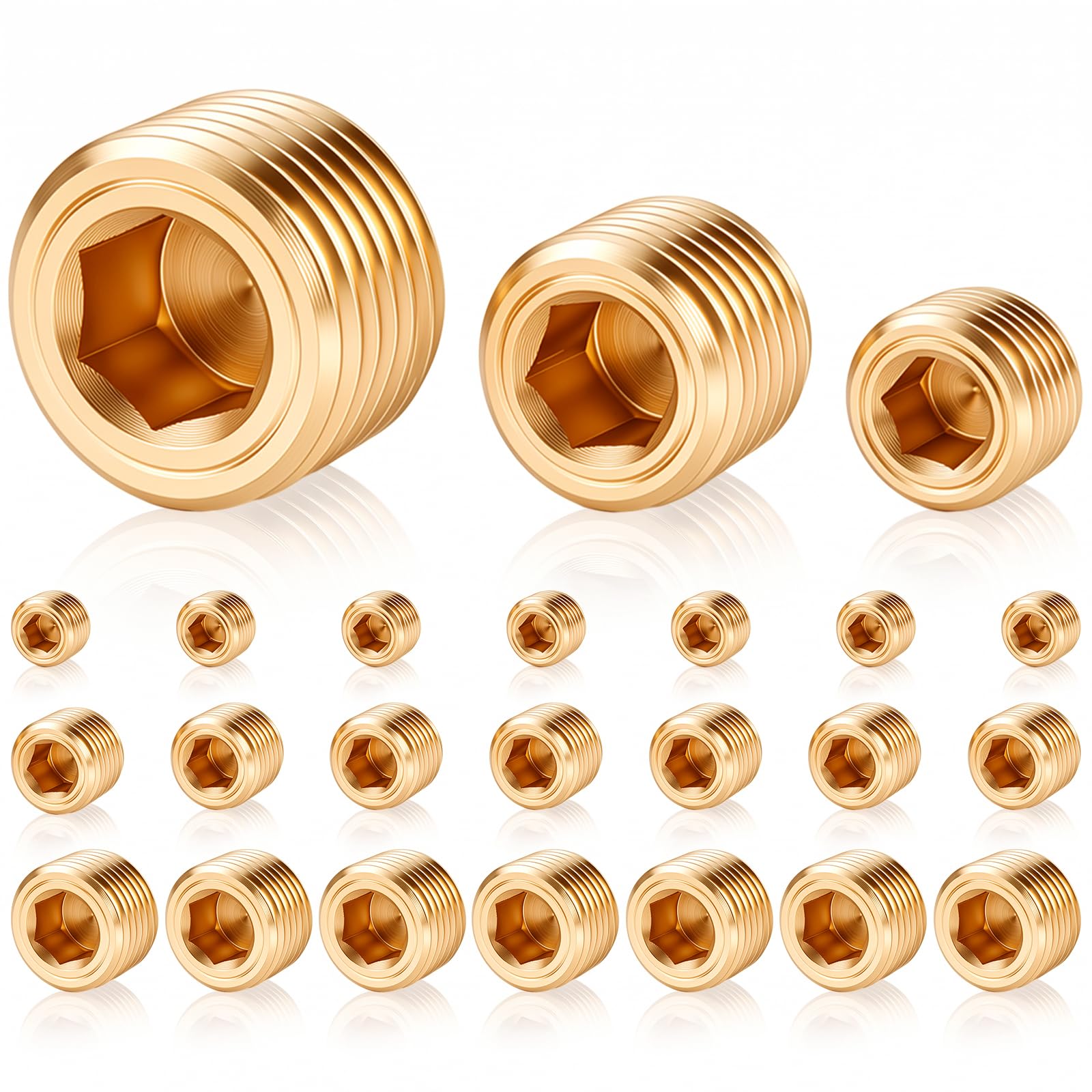 24 Pcs Brass NPT Male Pipe Plug Fitting Set, 1/8" 1/4" 3/8" NPT