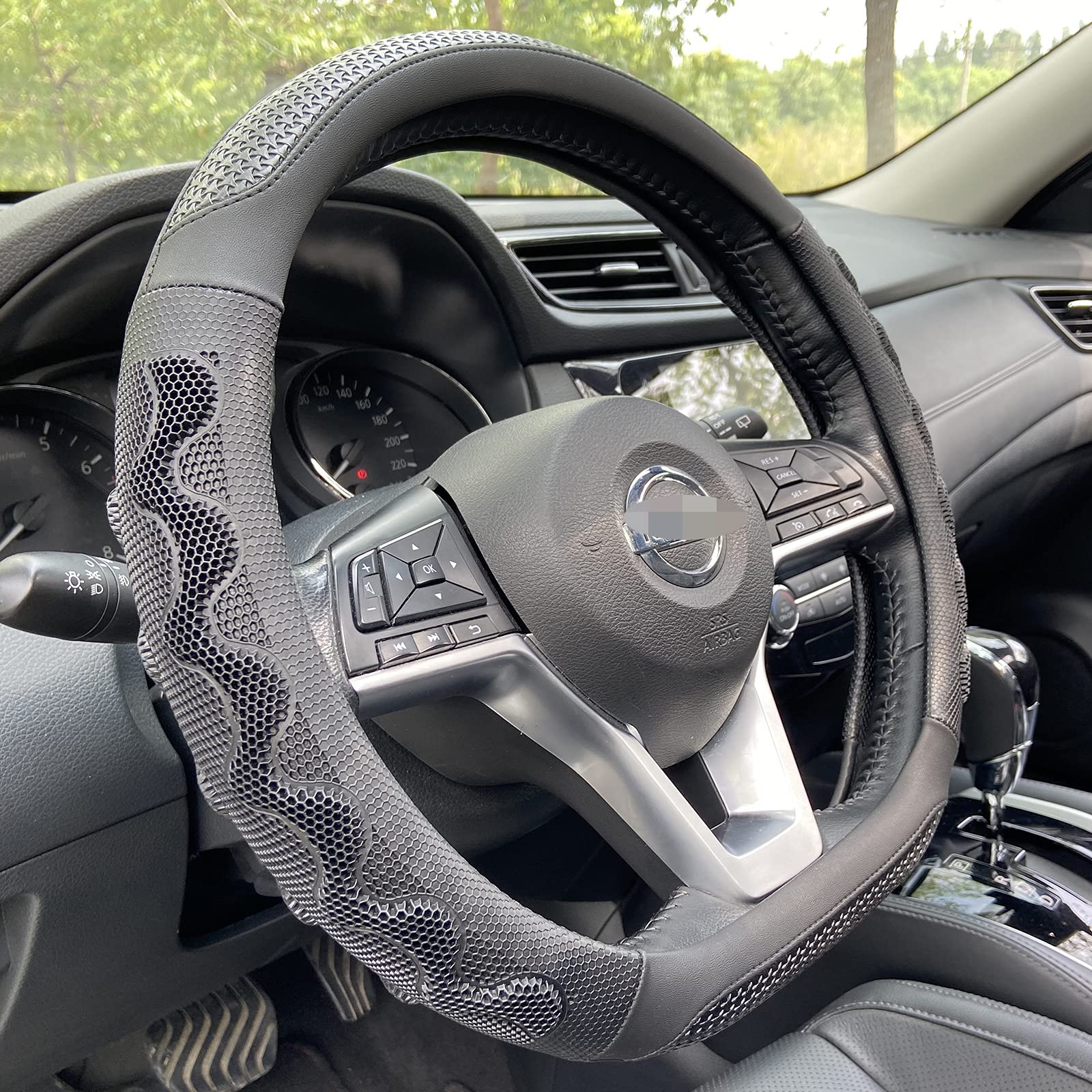 PINCTROT D Shaped 14.5-15 Inch Steering Wheel Cover Great Grip with 3D Honeycomb Anti-Slip Design, Flat Bottom 14.5-15 Inch (All Black)