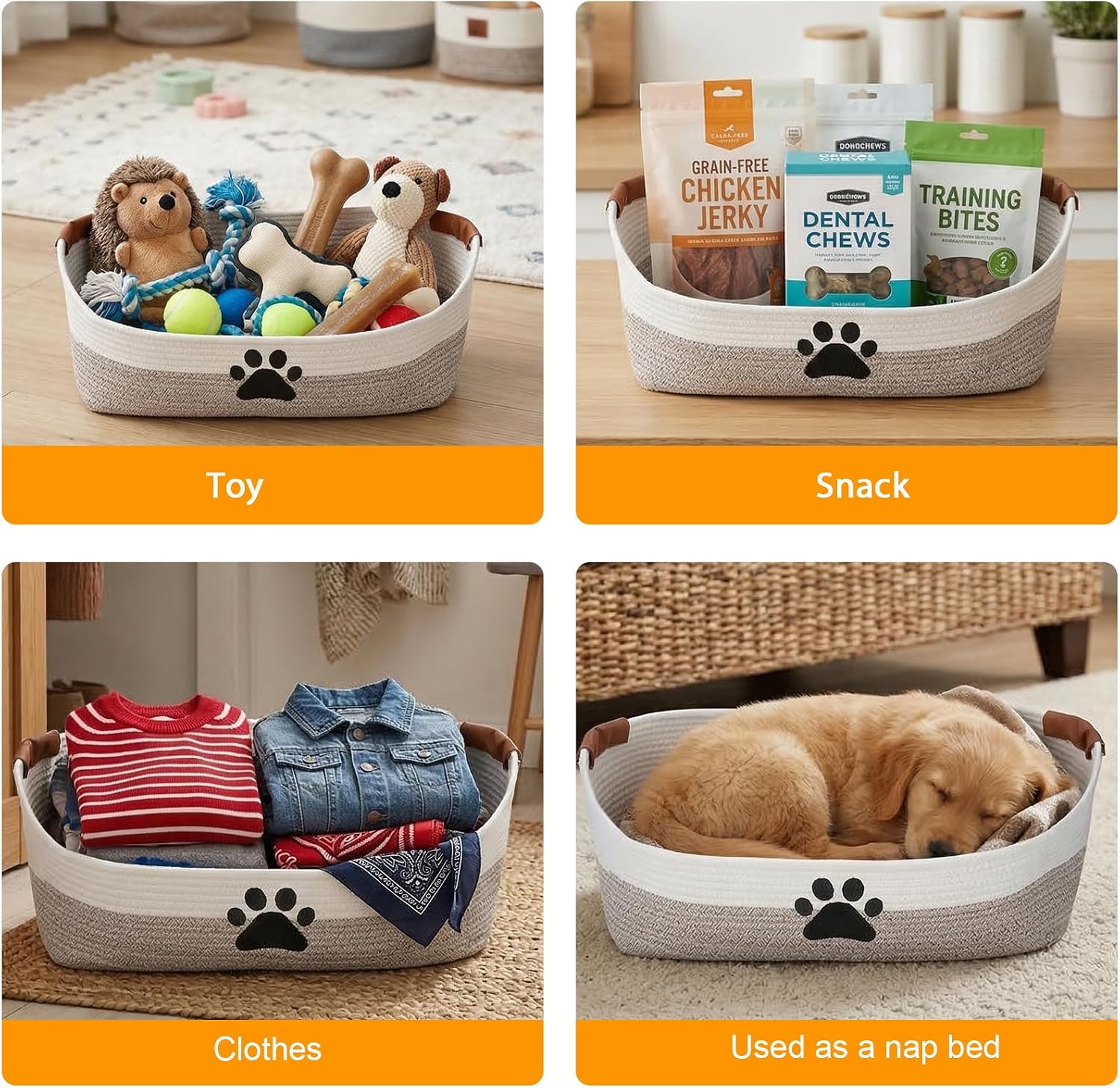 Woven Dog Toy Basket Large 100% Cotton Rope Basket for Dog Cats Toys Dog Toys Box for Living Room Area-Trapezoid Dog Toys Bin-Nursery Gift for Pet Toys,Collar,Leash,Blanket,Clothes-Brown