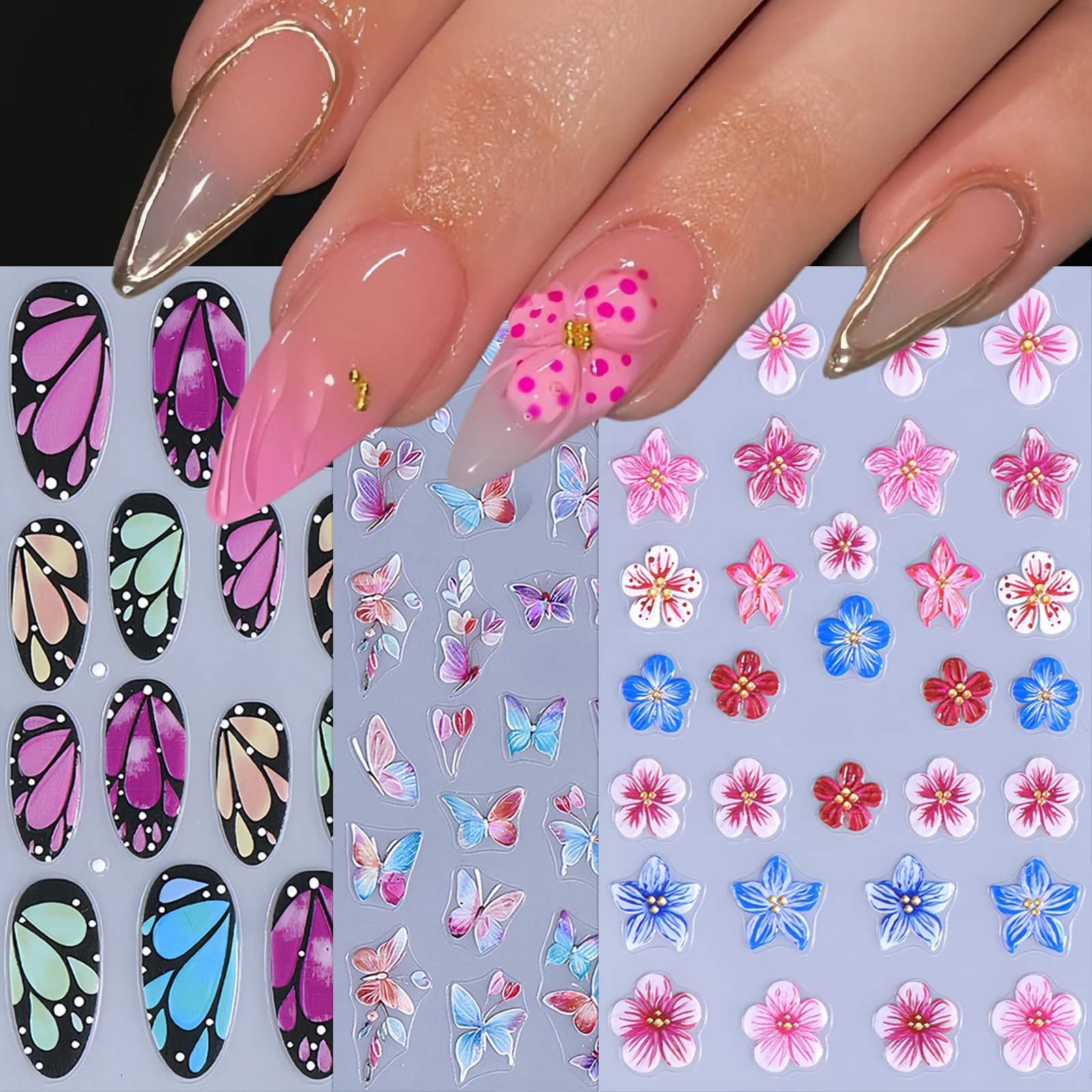 SHUXILIN 5D Embossed Floral Butterfly Nail Stickers, Colorful, 3 Sheets, Paper, Rectangular, Waterproof, Nail Art Stickers and Decals, Butterfly Style