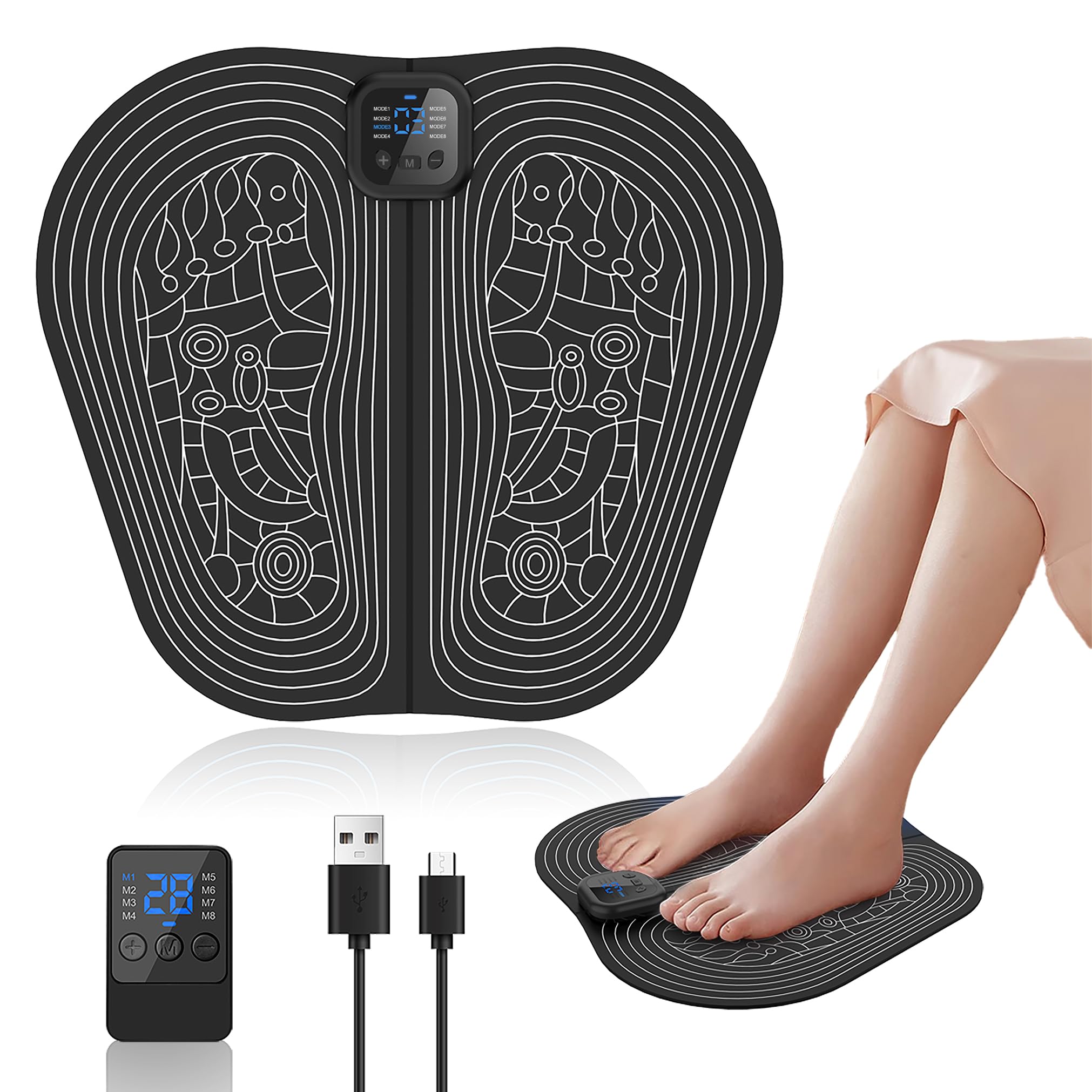 Masseur de Pieds EMS Portable, Tapis Masseur Plantaire Electrique Pliable, 8 Modes 30 Niveaux, Massage Pieds doux et Facile à Nettoyer, pour détendre les muscles, Télécommande, écran LCD