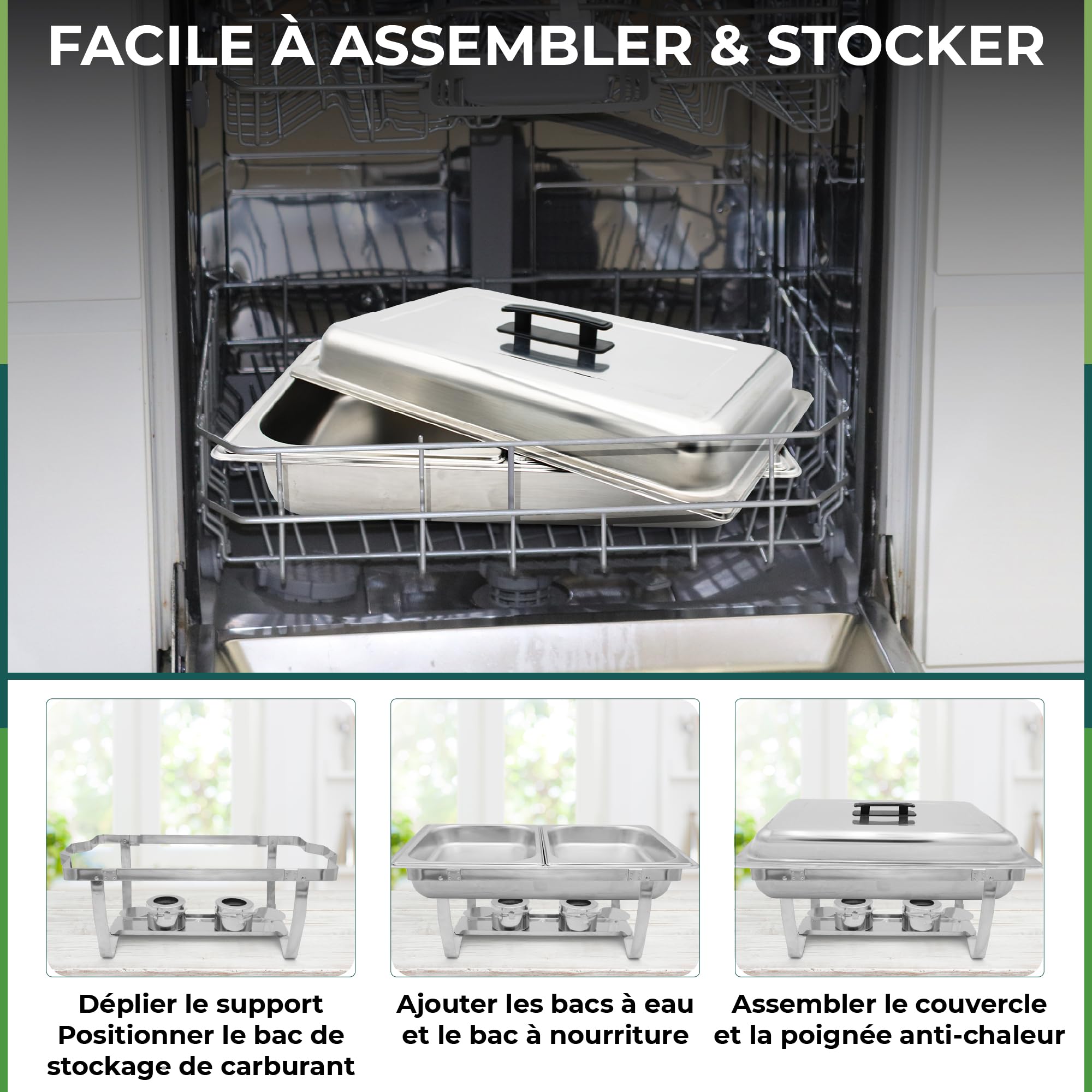 Lot de 4 Chauffe Plat LEUTHERIA - Chafing Dish ou rechaud en INOX Alimentaire pour Buffet/Bain Marie Professionnel/Maintien au Chaud/Traiteur/hôtel/Restaurant - Acier Inoxydable SS201