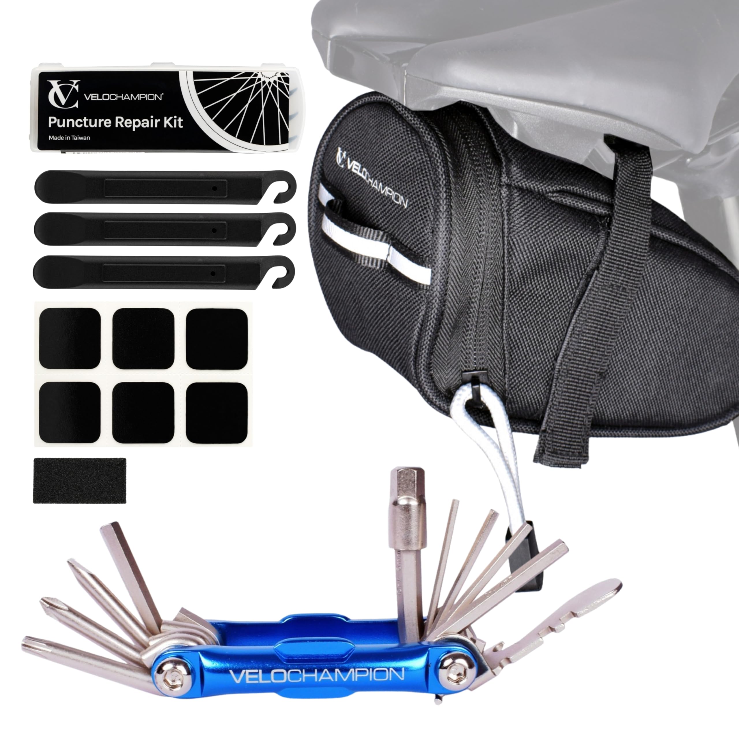 VeloChampion Kit Réparation De Crevaison Vélo – Sac De Selle, Rustines De Réparation, Outil Multifonction