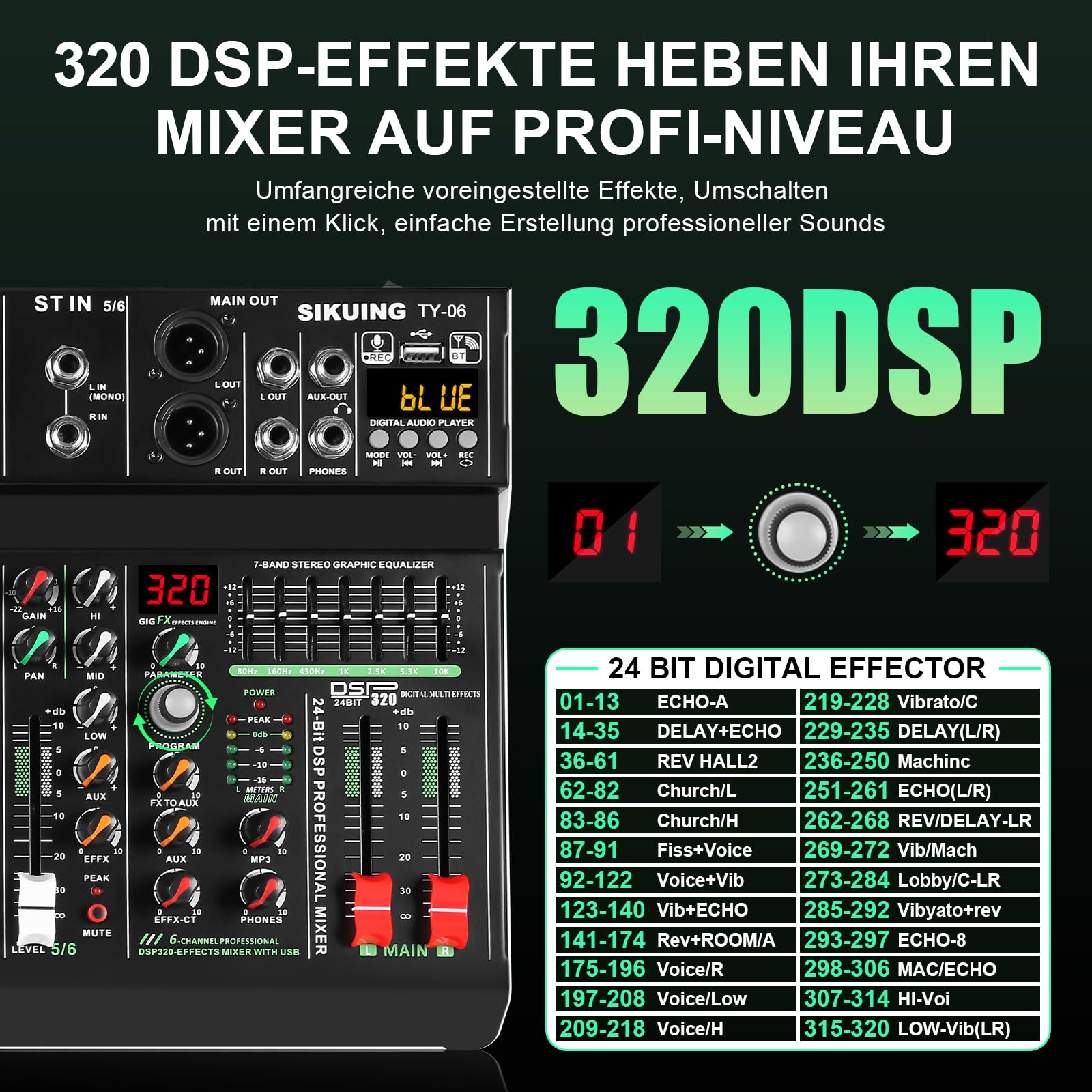 Table de mixage portable 6 canaux, mixeur audio professionnel, 320 effets DSP + égaliseur 7 bandes, carte son Bluetooth + interface USB, idéal pour l'enregistrement sur PC, les effets de studio