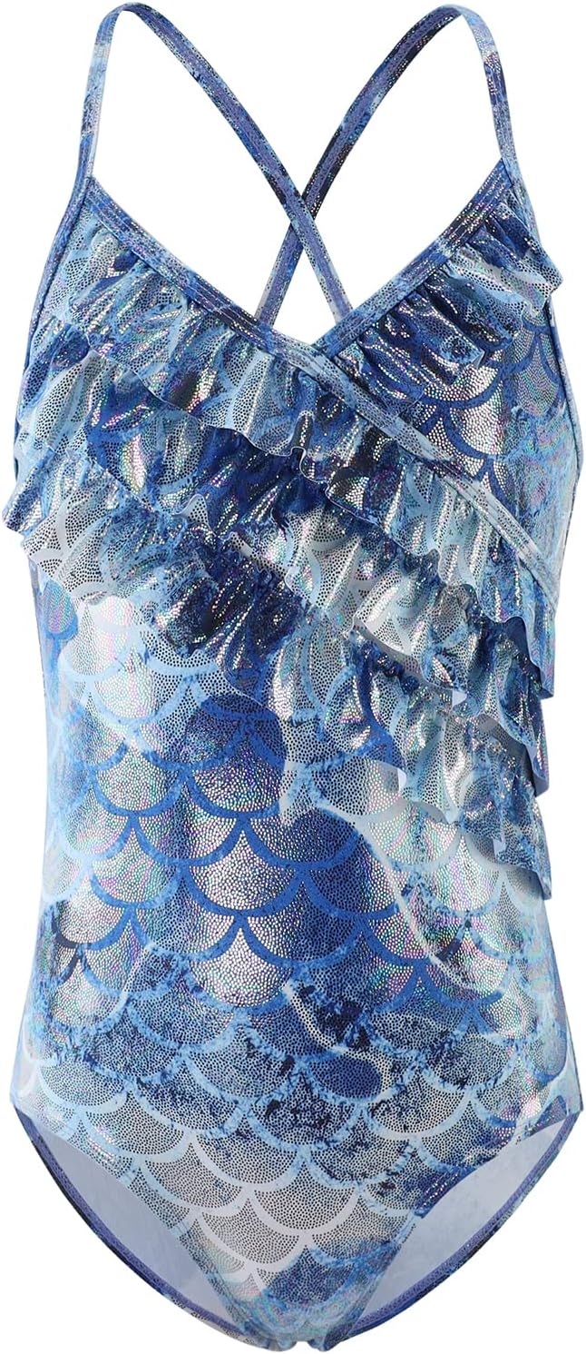 Big Girls One Piece Swimsuits Mermaid Ruffle Bathing Suits Adjustable Straps Swimsuit Size 10/8-10