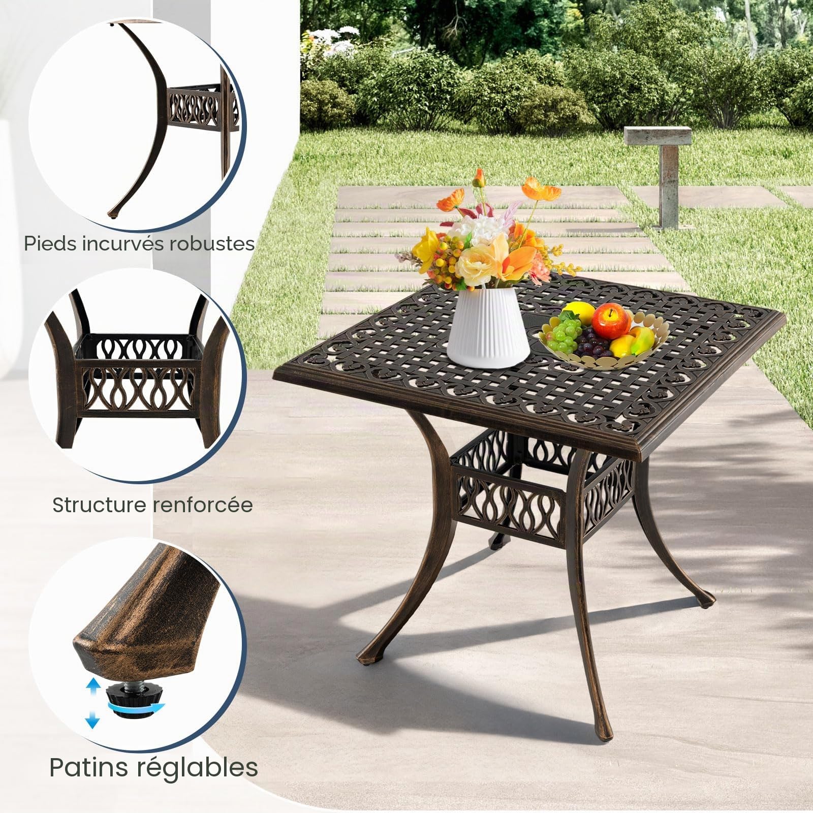 GIANTEX Table de Jardin Bronze avec Trou de Parasol de Ø 4,8 cm, Table de Balcon en Fonte d'Aluminium 80 x 80 cm pour 4 Personnes, Pieds Réglables, pour Terrasse, Jardin