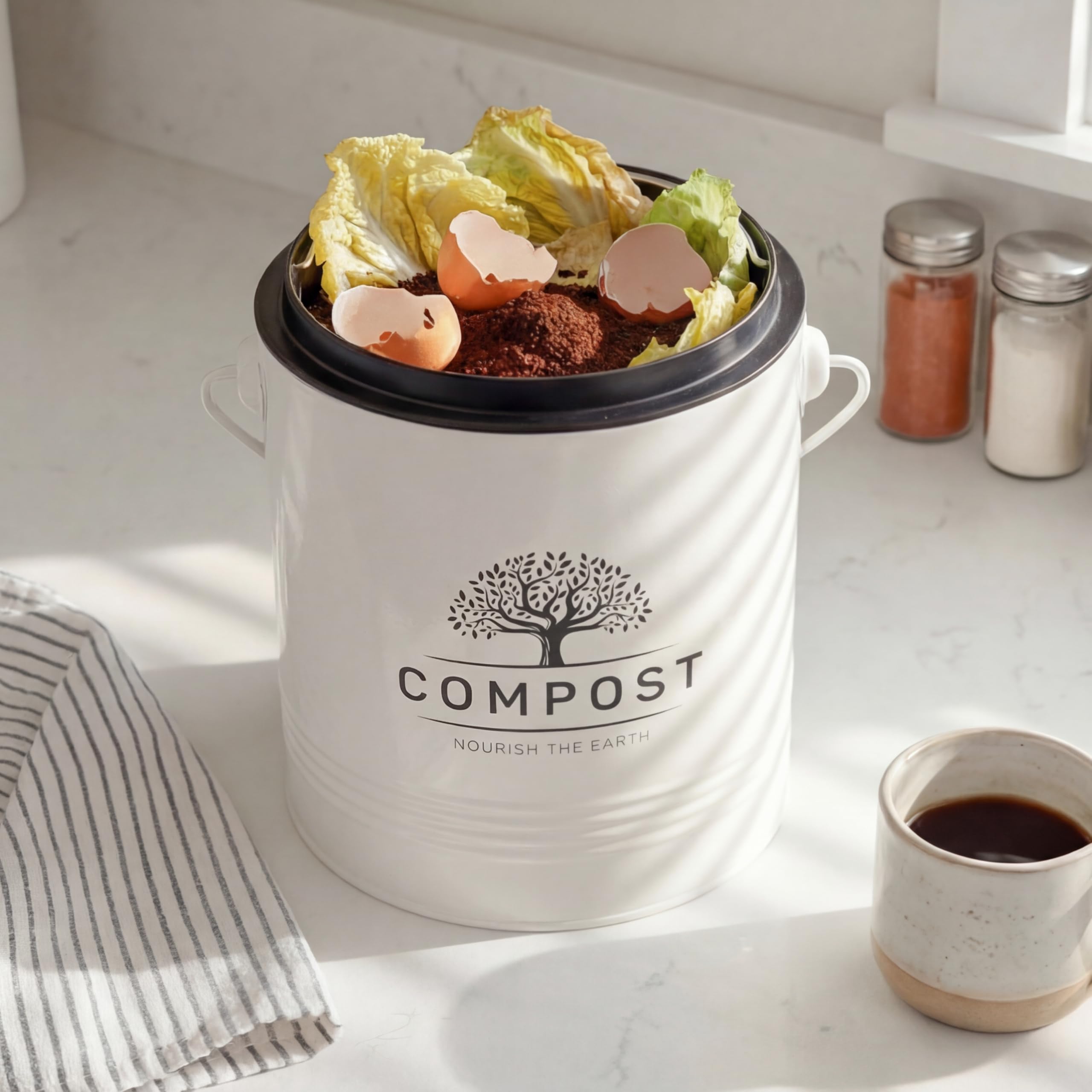 Perfnique Bac à Compost de Cuisine, bac à Compost de comptoir de 5 litres avec Couvercle, Seau à Compost intérieur avec Doublure intérieure et Filtre à Charbon, Petit bac à Compost