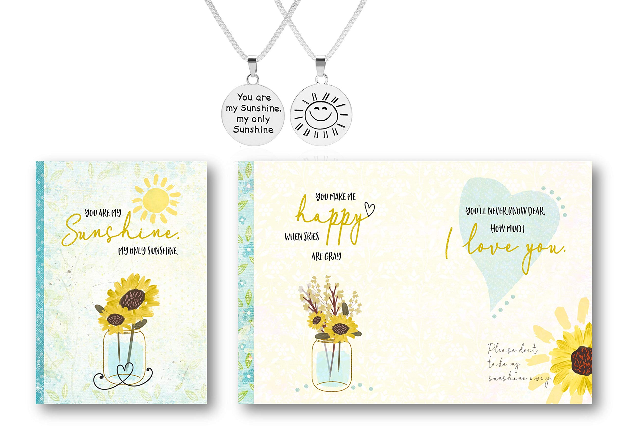 Smiling Wisdom - You are My Sunshine Sun Face Necklace Gift Set - Happy Greeting Card - For Woman, Sister, Daughter, Mother, Teen Girl - Double Sided Round - Silver