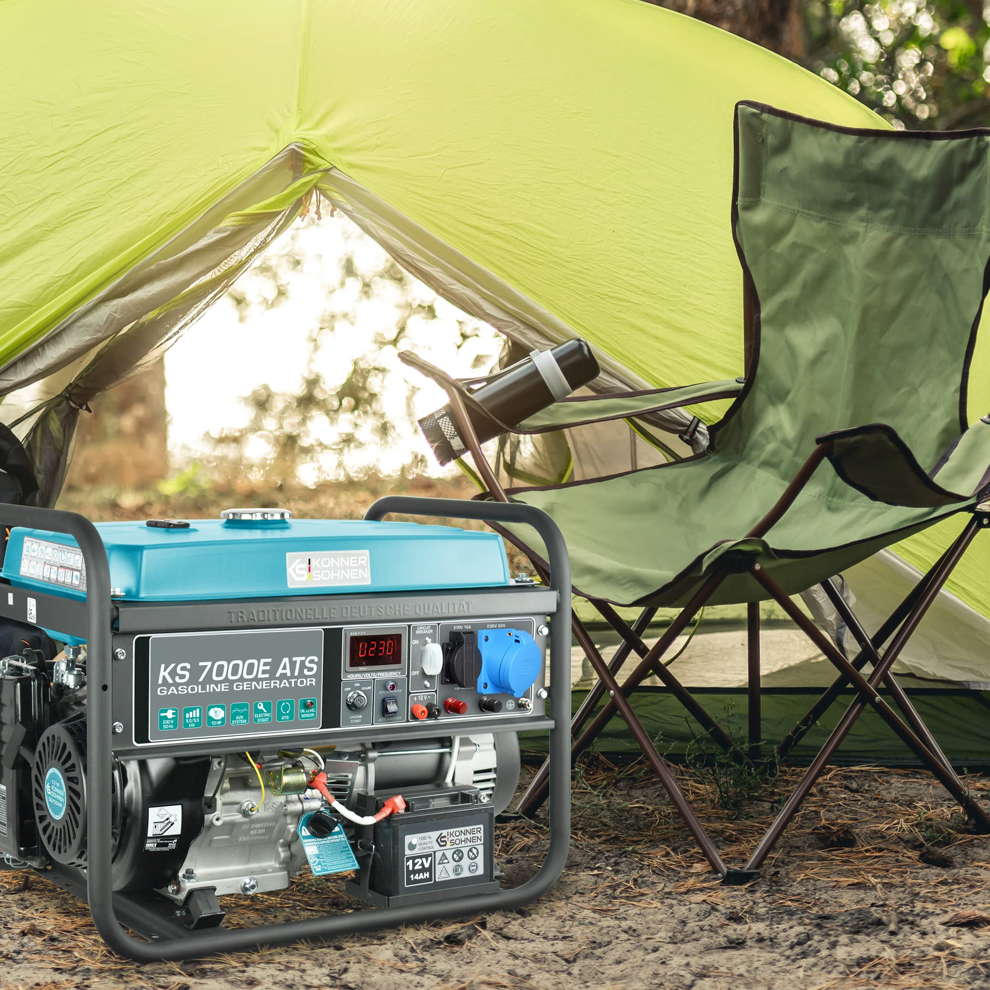 Könner & Söhnen KS 7000E ATS - 4-Takt Benzin Stromerzeuger 13 PS mit E-Start, Notstromautomatik, 1x16A, 1x32A (230V), Automatischer Spannungsregler, Anzeige, Generator für Haus, Garage, Werkstatt
