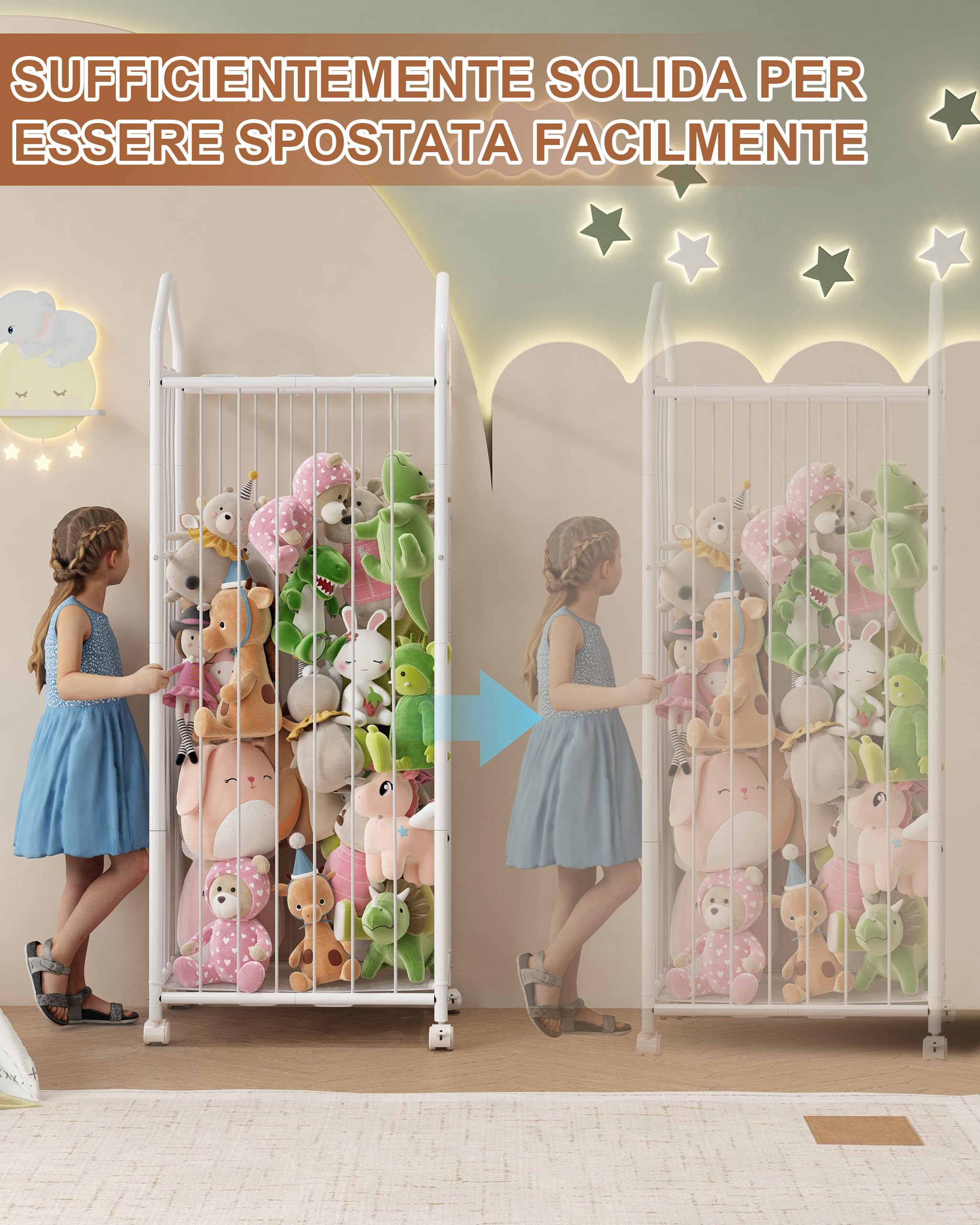 UMDONX Porta Peluche Con Ruote Bloccabili 360° – Organizer Giocattoli Verticale 56x35x154 Cm Con Cassetto, Bianco