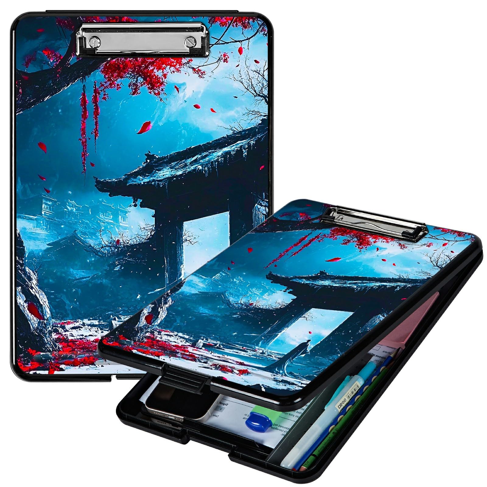RWUTYTIUL Red Leaf Castle A4 Clipboard with Storage Pen Holder, Clipboards Organizer Nursing Clipboard Foldable File Folder Plastic Clipboard Folio Clip Board for Office Students Classroom Doctor — image 1