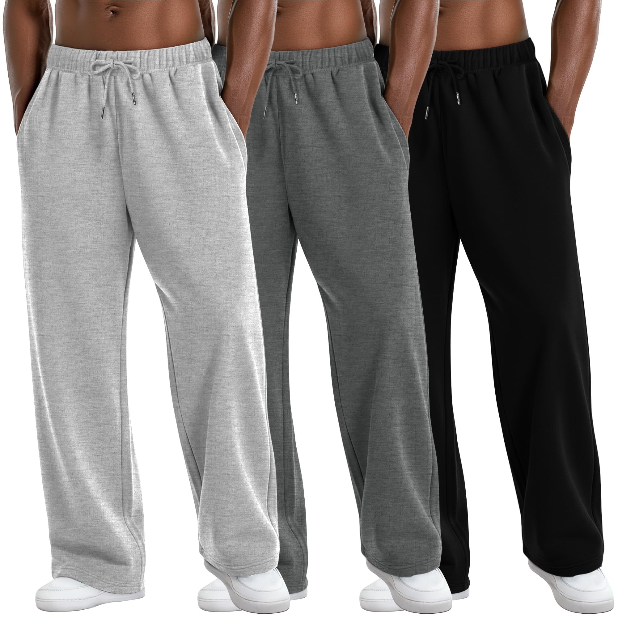 3 Pack Mens Lightweight Lounge Pants Straight Leg Open Bottom Thin Baggy Drawstring Sweatpant with 3 Pockets