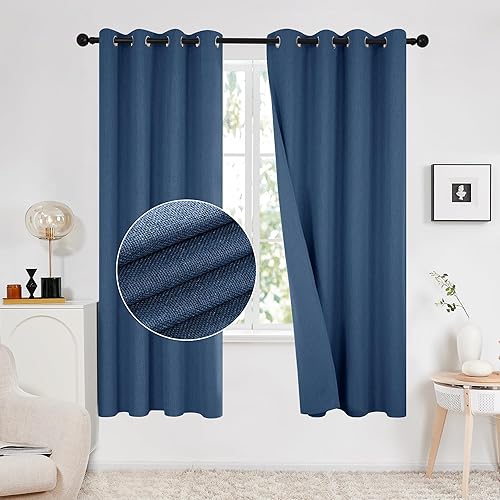 Deconovo Total Blackout Curtains Linen Curtains Room Darkening Curtains with Grommets for Bedroom Living Room Kids Room, 2 Panels，Dark Blue，52Wx72L Inch