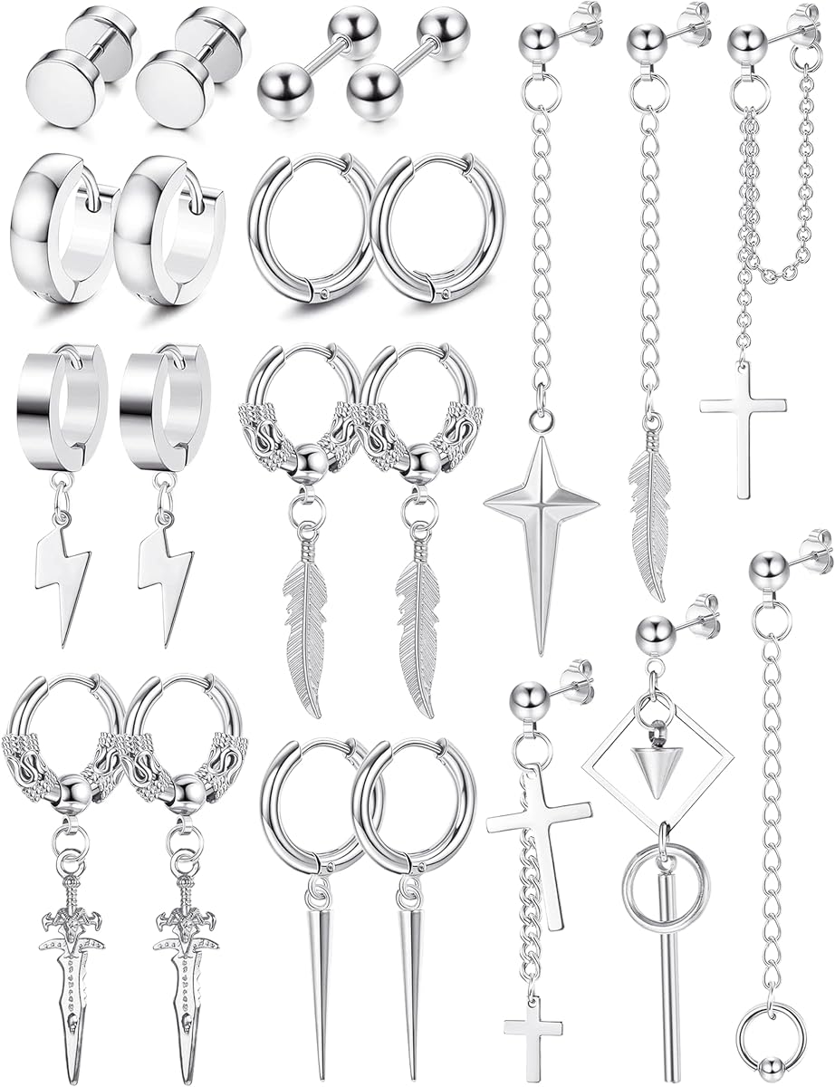22Pcs Dangle Earrings for Men Stainless Steel Hinged Hoop Earrings Long Chain Stud Cross Dangle Earrings Set Kpop Earrings for Mens
