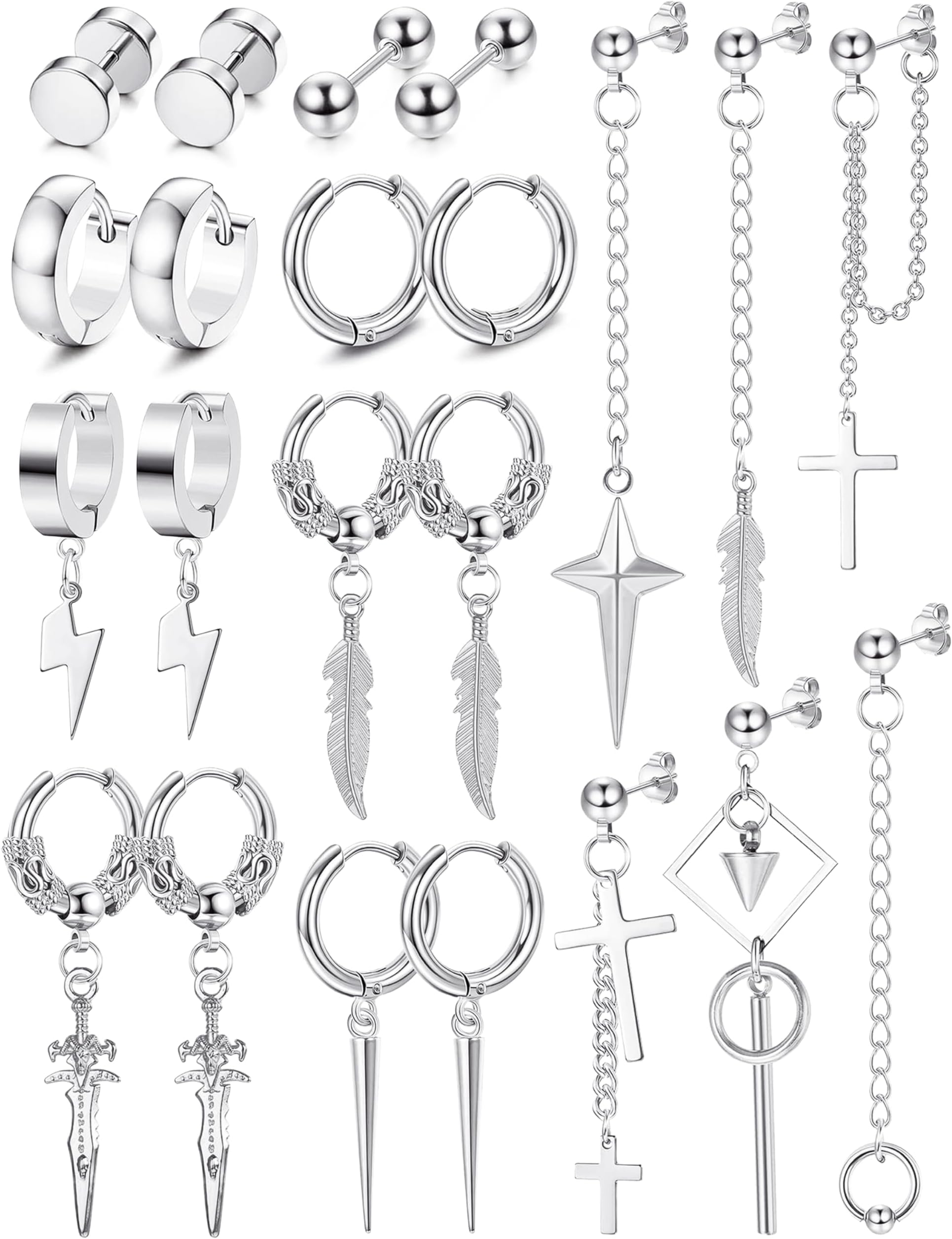 Fiasaso 22Pcs Dangle Earrings for Men Stainless Steel Hinged Hoop Earrings Long Chain Stud Cross Dangle Earrings Set Kpop Earrings for Mens