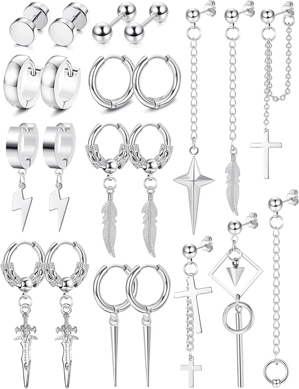 22Pcs Dangle Earrings for Men Stainless Steel Hinged Hoop Earrings Long Chain Stud Cross Dangle Earrings Set Kpop Earrings for Mens