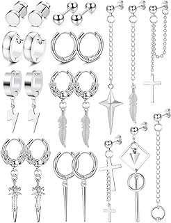 Fiasaso 22Pcs Dangle Earrings for Men Stainless Steel Hinged Hoop Earrings Long Chain Stud Cross Dangle Earrings Set Kpop ... Price In India