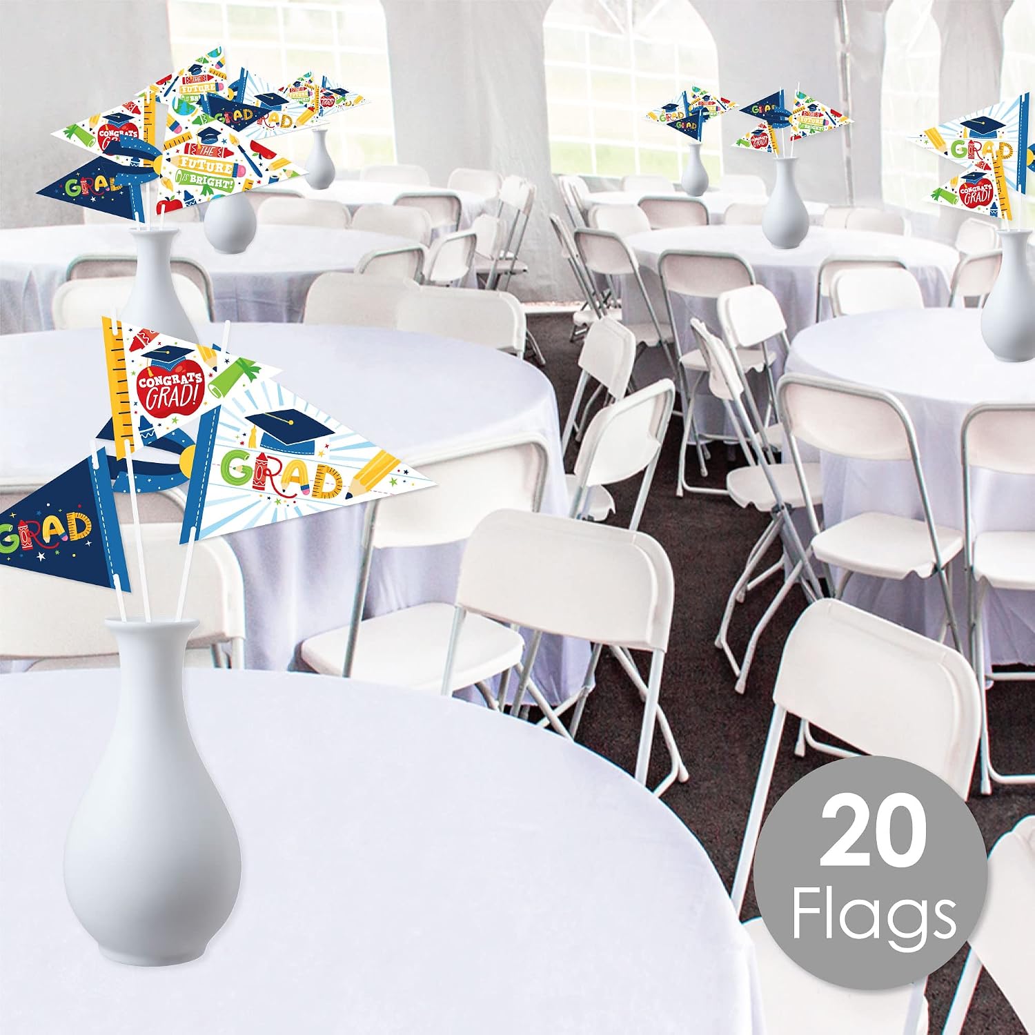 Big Dot of Happiness Elementary Grad - Triangle Kids Graduation Party Photo Props - Pennant Flag Centerpieces - Set of 20