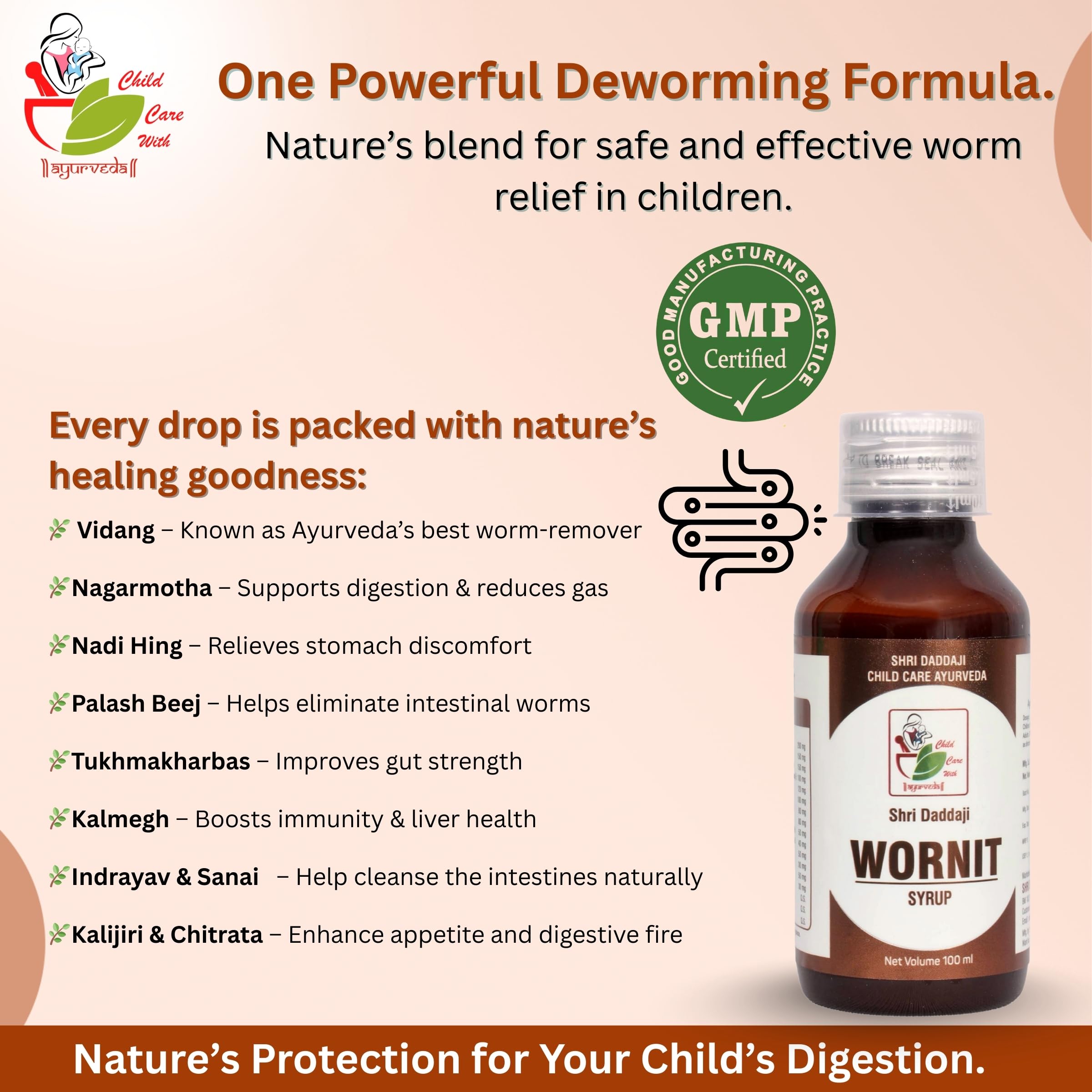 Shri Daddaji Wornit Syrup for Kids – Ayurvedic Deworming Tonic | Relief from Stomach Worms, Gas, Indigestion & Poor Appetite | Digestive Health Support | Safe for Children | 100 ml - Image 4 thumbnail