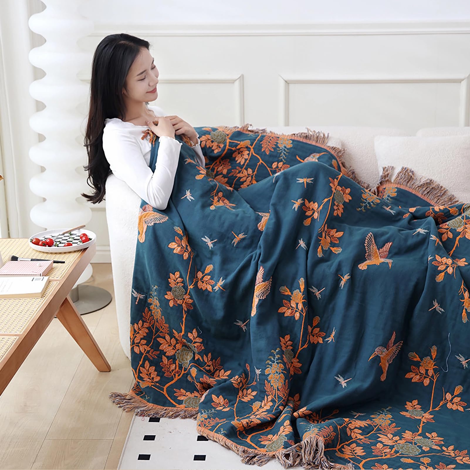 Manta bohemia grande de doble cara, 100% algodón orgánico, tejida a mano, acogedor acento bohemio para sofás y sillones de 2 a 3 plazas, 200 x 230 cm, pájaro naranja