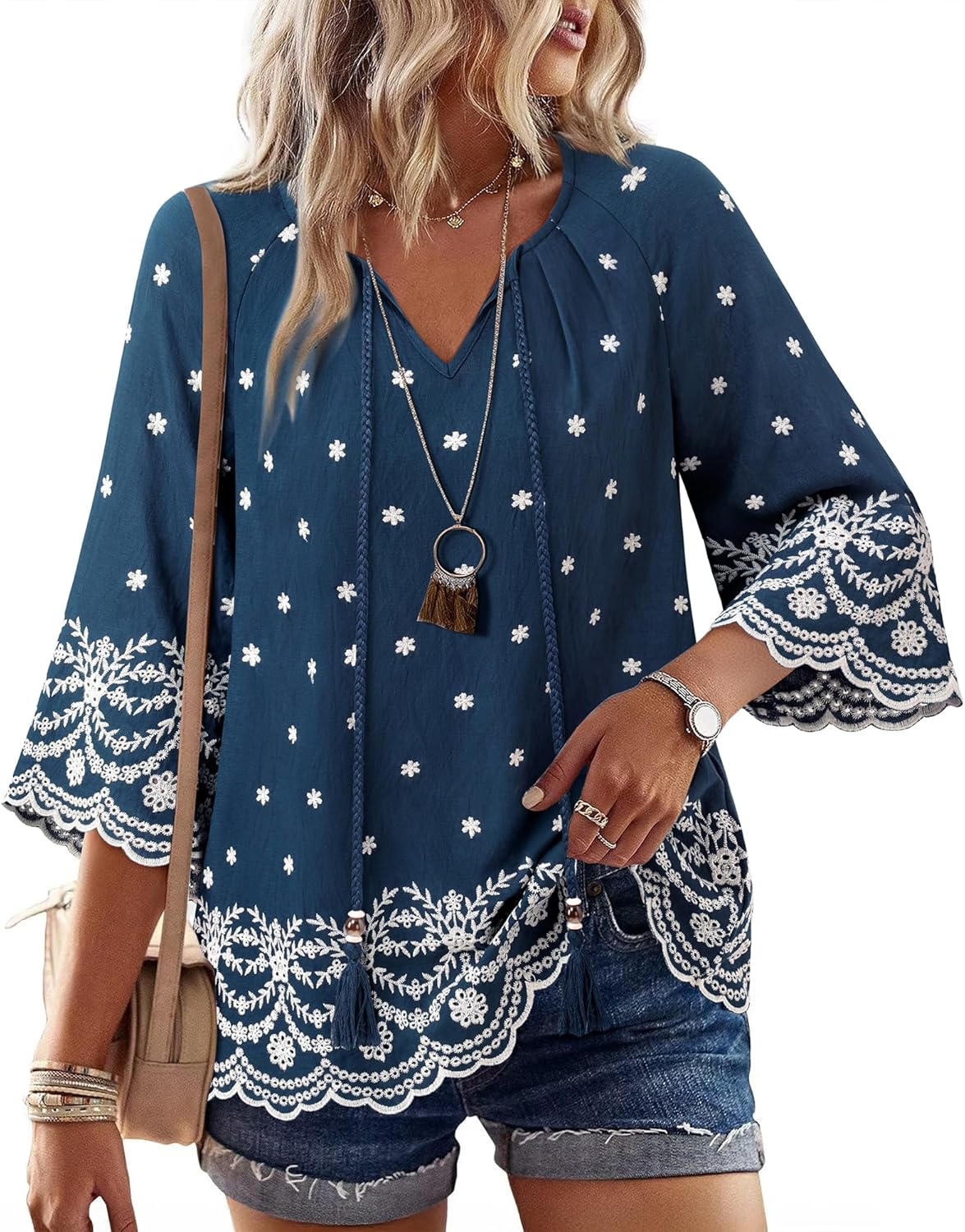 Furnex Womens Summer Boho Tops Casual 3/4 Sleeve V Neck Flowy Vacation Embroidered Blouses 2026