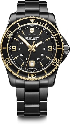 Victorinox Swiss Analog – Black Dial with Stainless Steel PVD Bracelet and PVD Case, Stylish Quartz Wrist Watch for Men – Maverick (43 mm)
