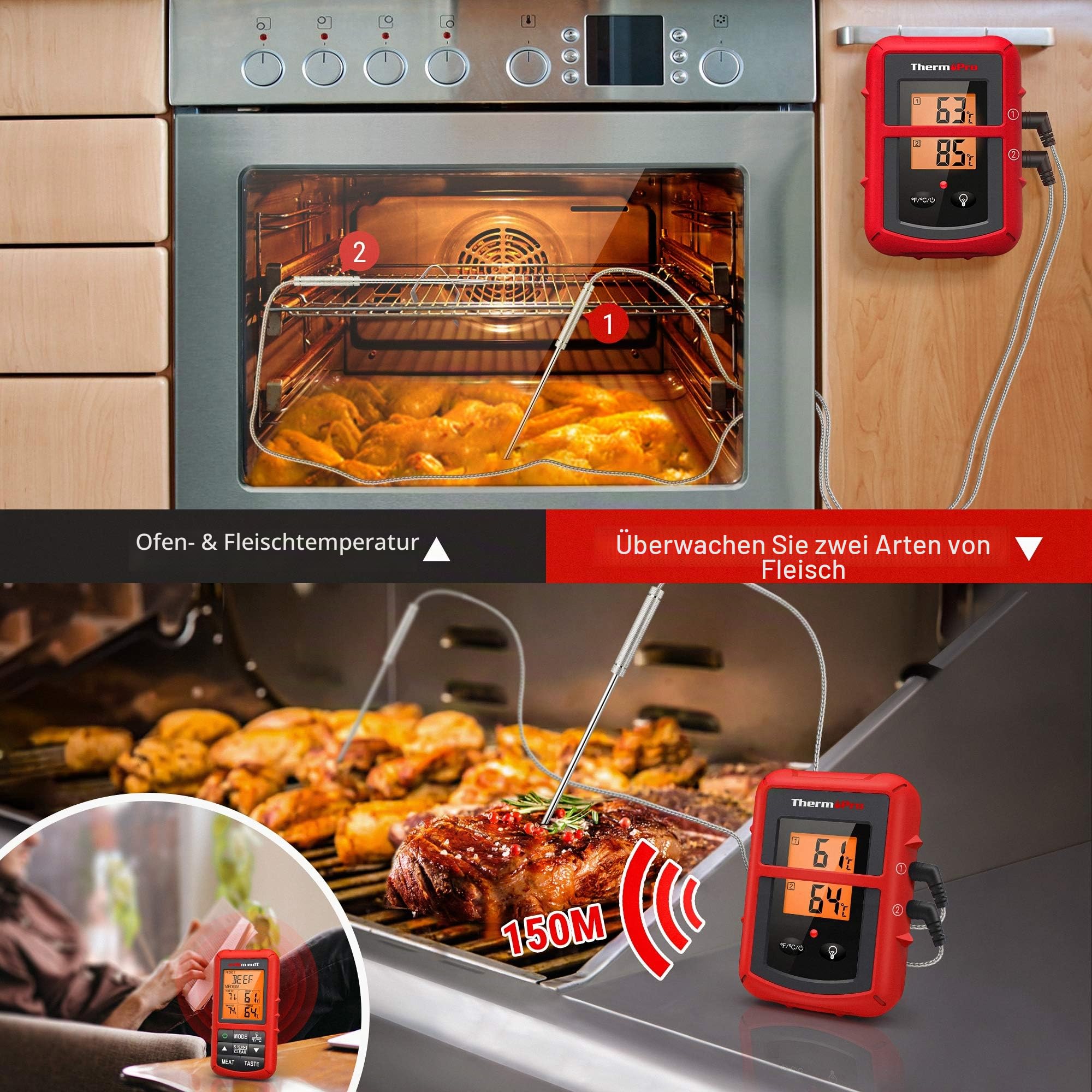 ThermoPro TP20C Funk Fleischthermometer digitales Grillthermometer Kochthermometer 150m Reichweite Bratenthermometer Küchenuhr mit 2 Einstichfühlern für Ofen Kochen BBQ Babynahrung