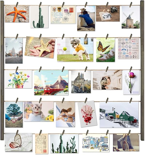 Love-KANKEI Wood Picture Photo Frame for Wall Decor 26×29 inch with 30 Clips and Adjustable Twines Collage Artworks Prints Multi Pictures Organizer and Hanging Display Frames Gift Weathered Grey