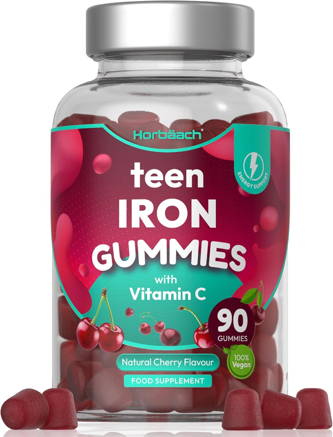 Iron Gummies for Teens 90 Count with Vitamin C Cherry Flavour