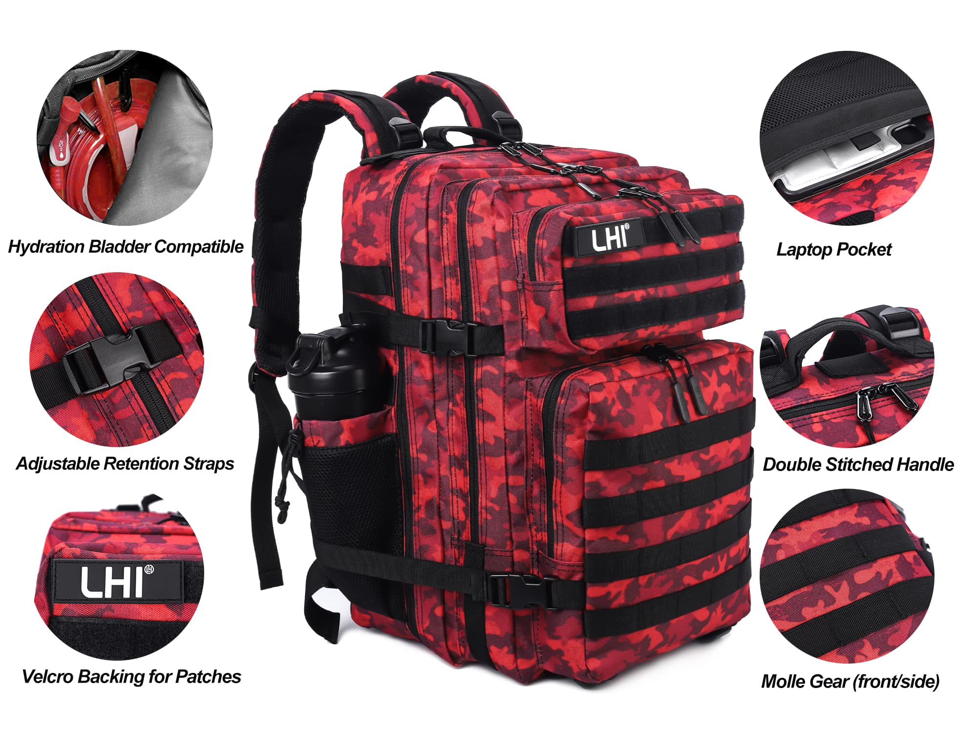 LHI Militärstil Taktischer Rucksack 45L mit MOLLE-System – Wasserdicht für Wandern, Survival, Camping & Outdoor - Rote Tarnung