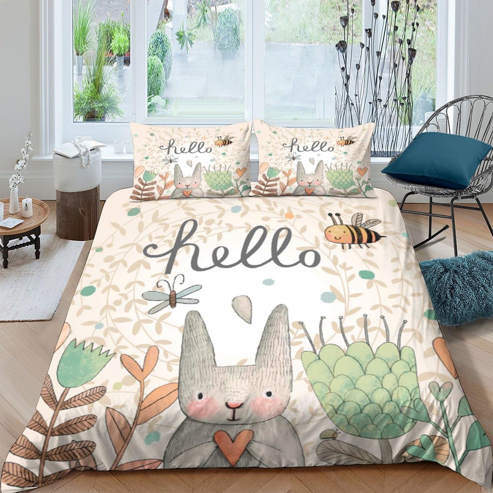 Housse pour couette lapin mignon imprimé 3D avec taie d'oreiller pour enfant