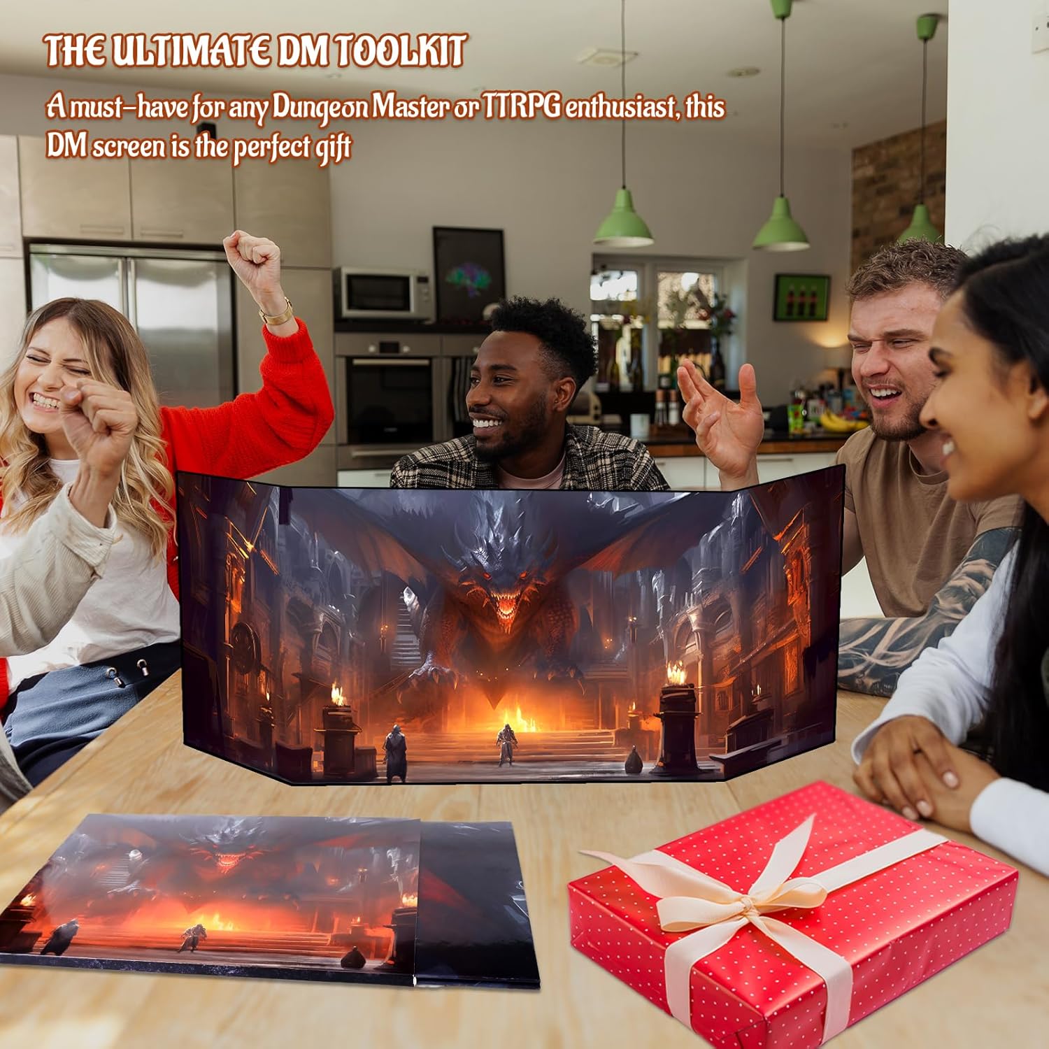 CZYY DM Screen 4-Panel Cardboard Game Master Screen with Erasable & Clear Pockets, Dungeon Artwork Game Master Shield Tool for Dungeon Master and RPG Player (Style A)