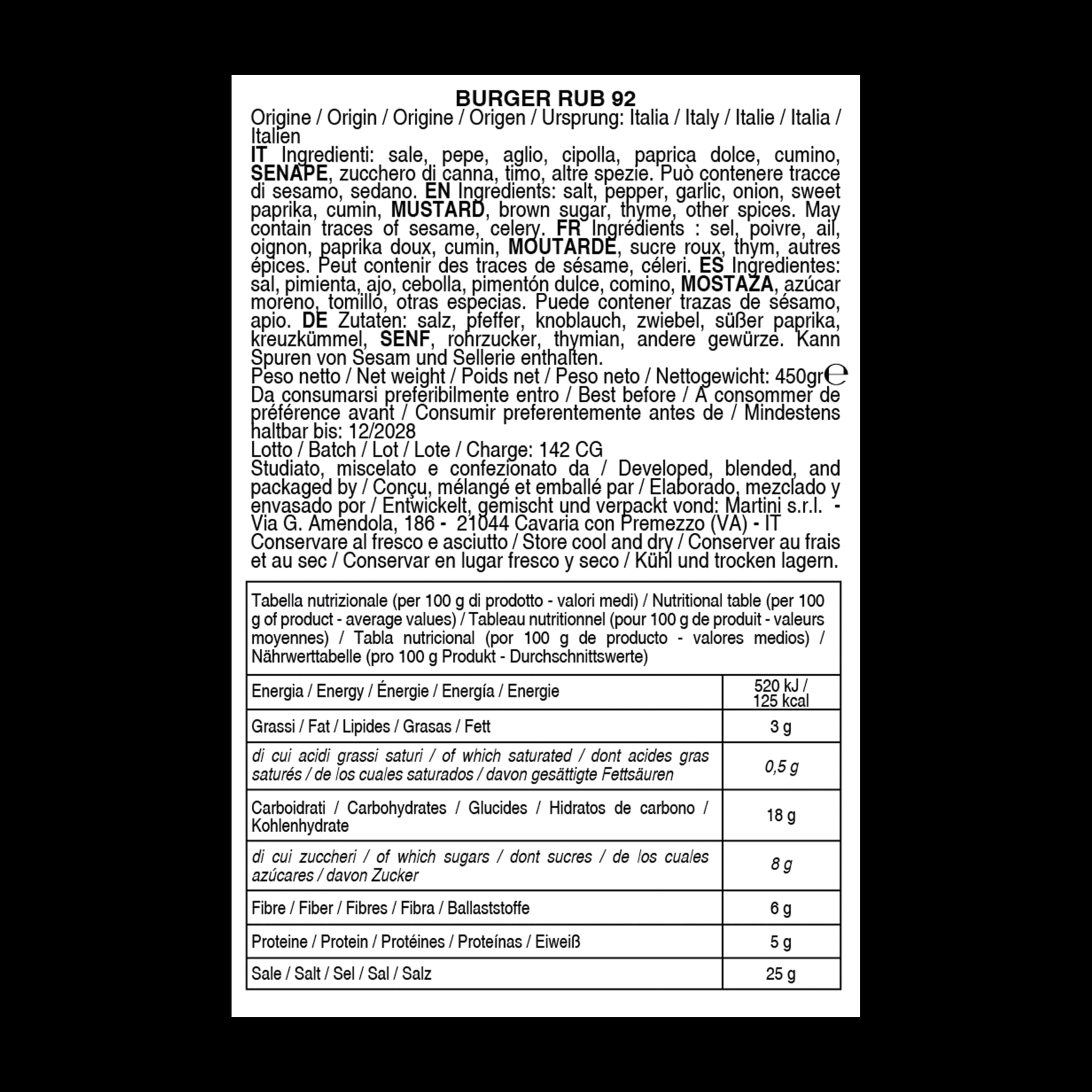 Rub BBQ Burger 92 Bembo – Mélange d’Épices pour Hamburger et Viande Hachée – Marinade Sèche Barbecue – Made in Italy – 450